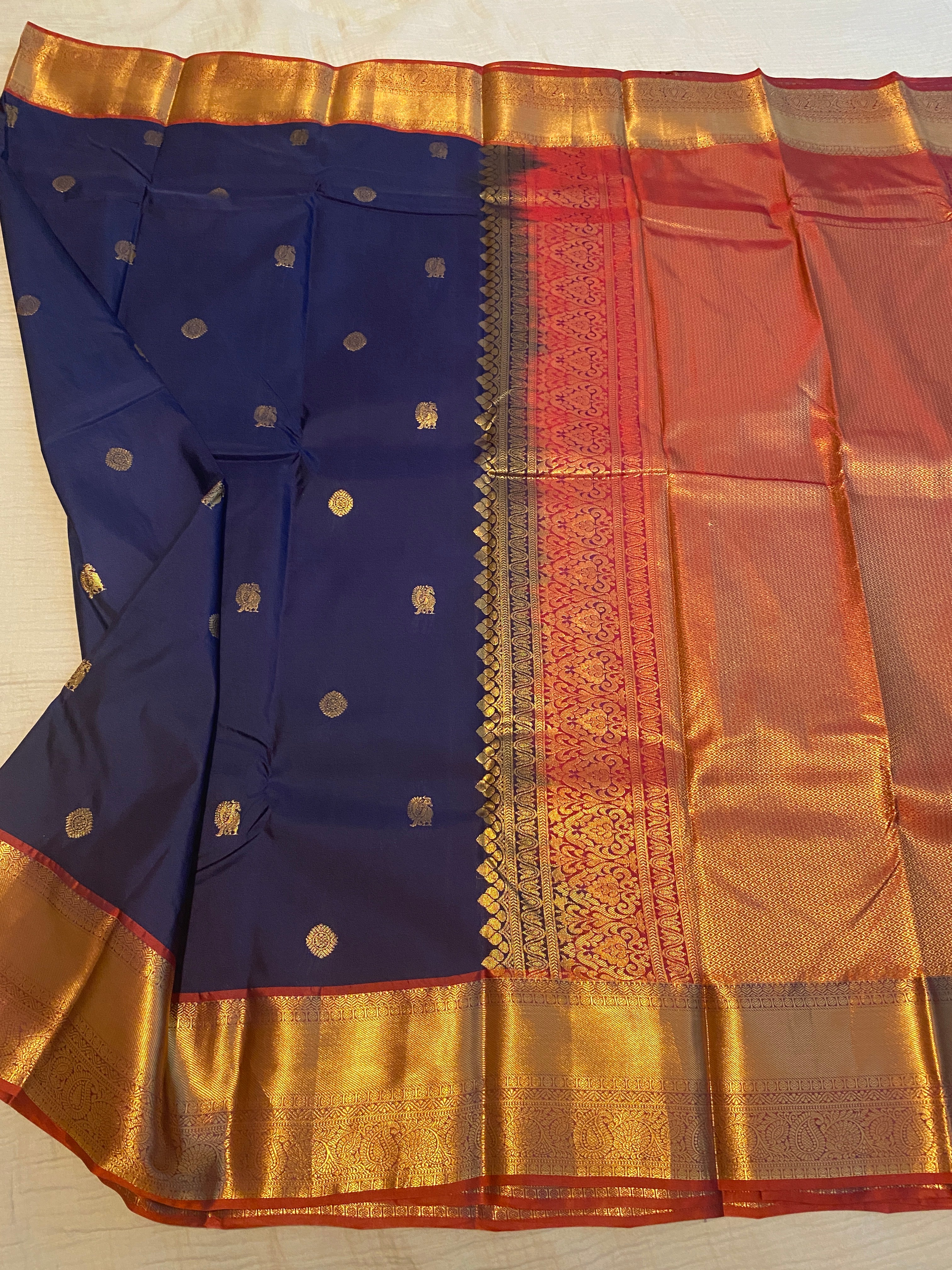 Royal Blue Semi-Kanchipuram Silk Saree with Maroon Pallu & Antique Gold Zari Border