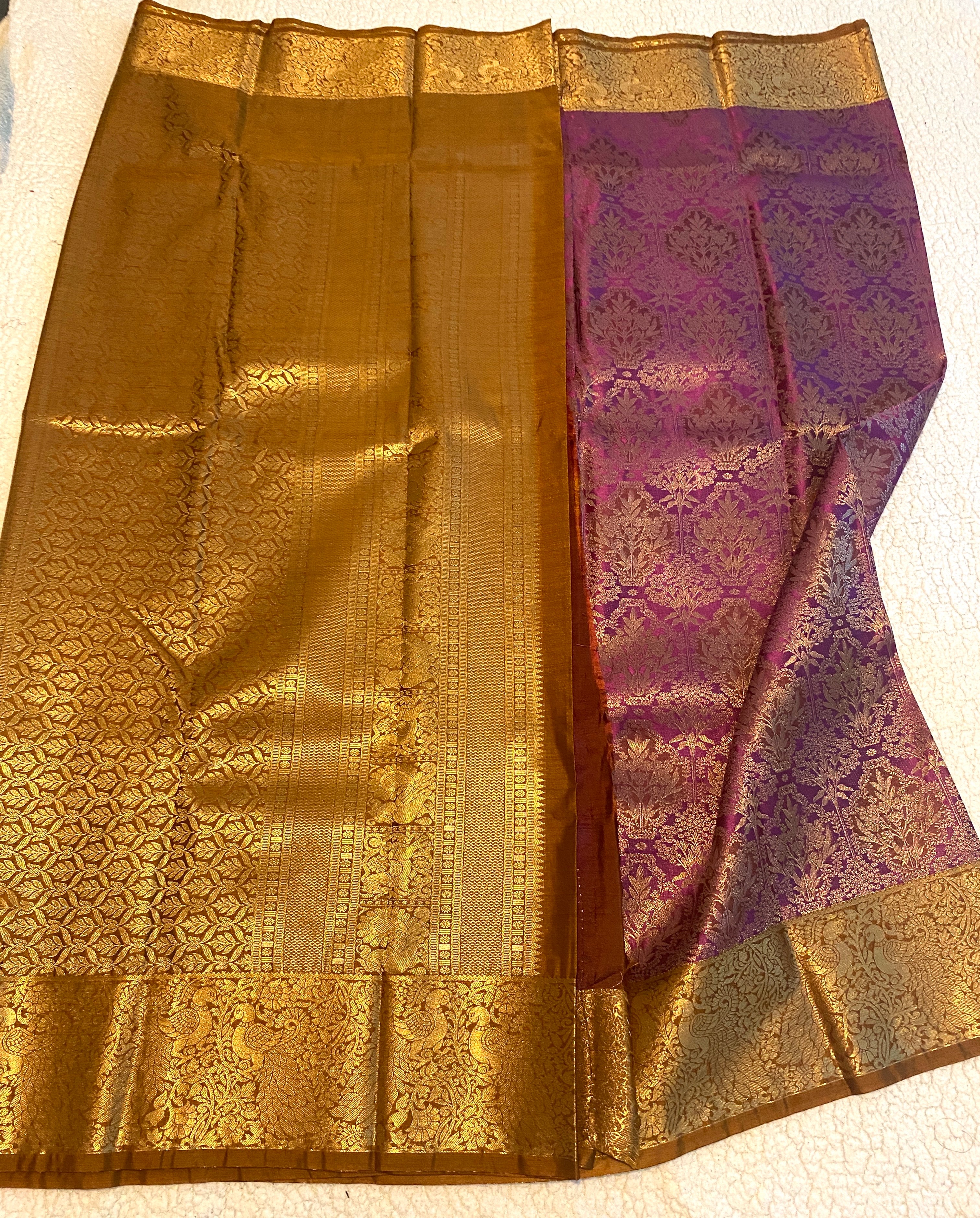 Magenta Purple and Antique Mustard Gold Semi-Kanchipuram Silk Saree with Rich Gold Zari Border