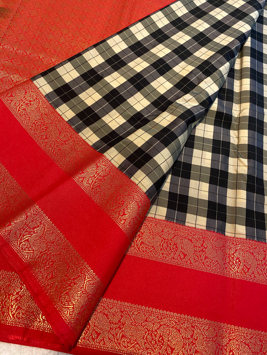 Semi-Kanchipuram Silk Saree with Checked Body, Rich Red Pallu & Gold Zari Border