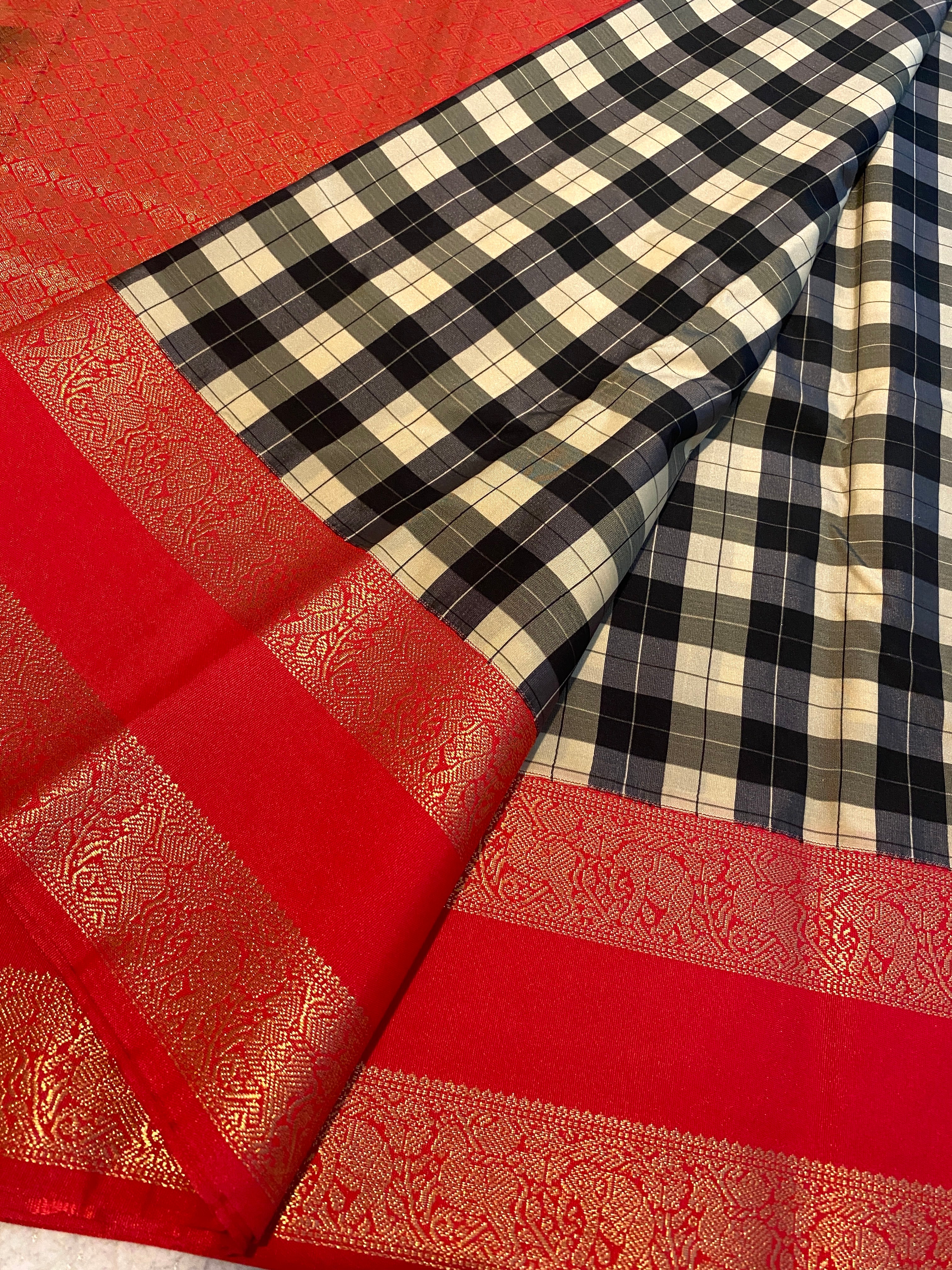 Semi-Kanchipuram Silk Saree with Checked Body, Rich Red Pallu & Gold Zari Border