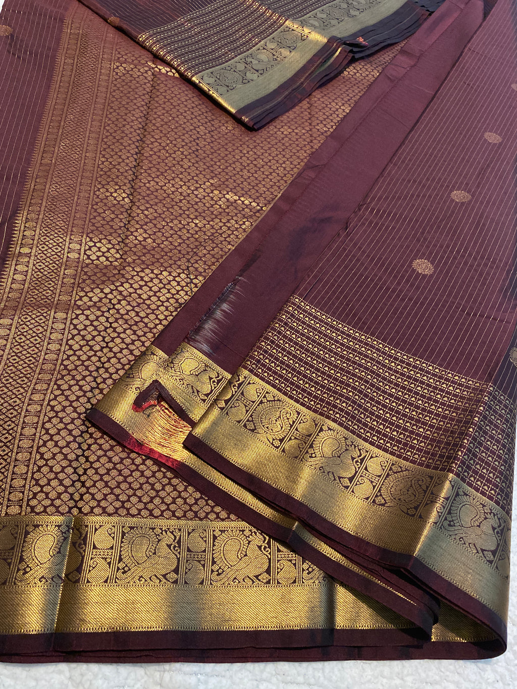 Coffee Maroon & Antique Gold Semi-Kanchipuram Silk Saree with Peacock Border