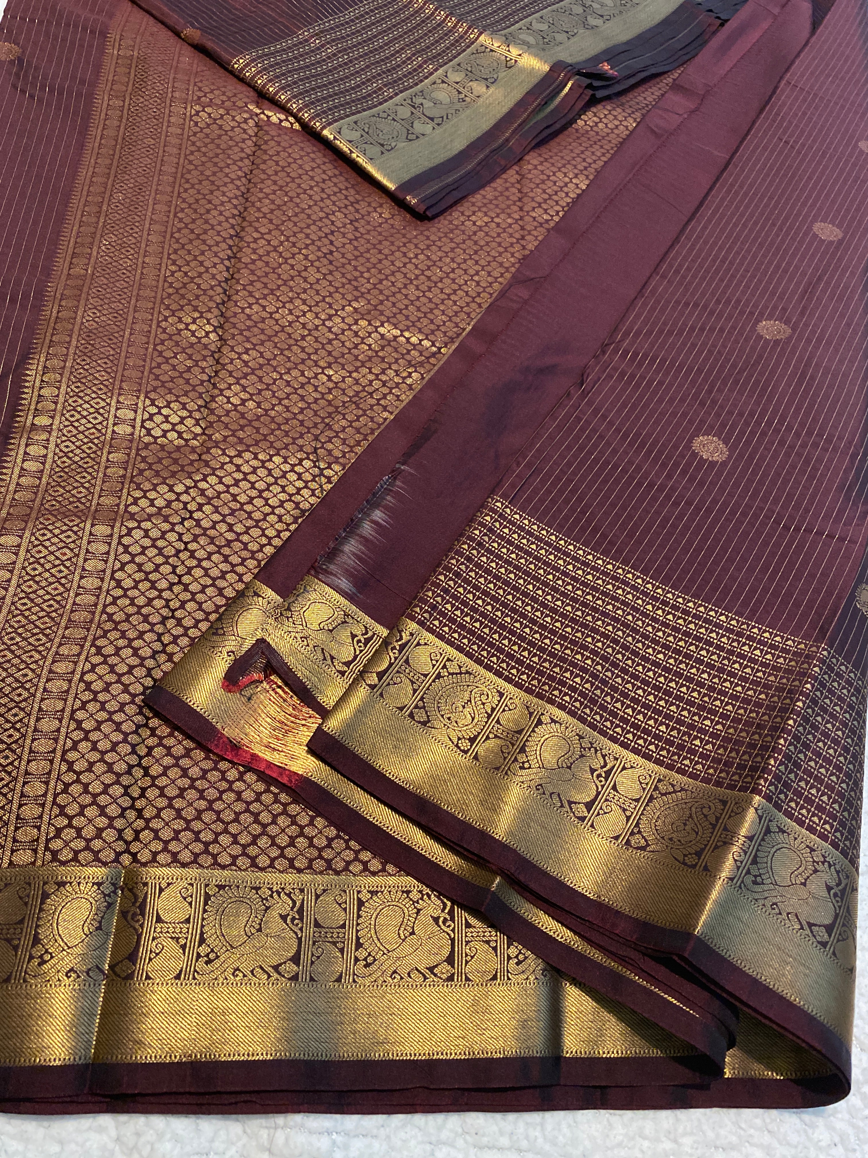 Coffee Maroon & Antique Gold Semi-Kanchipuram Silk Saree with Peacock Border