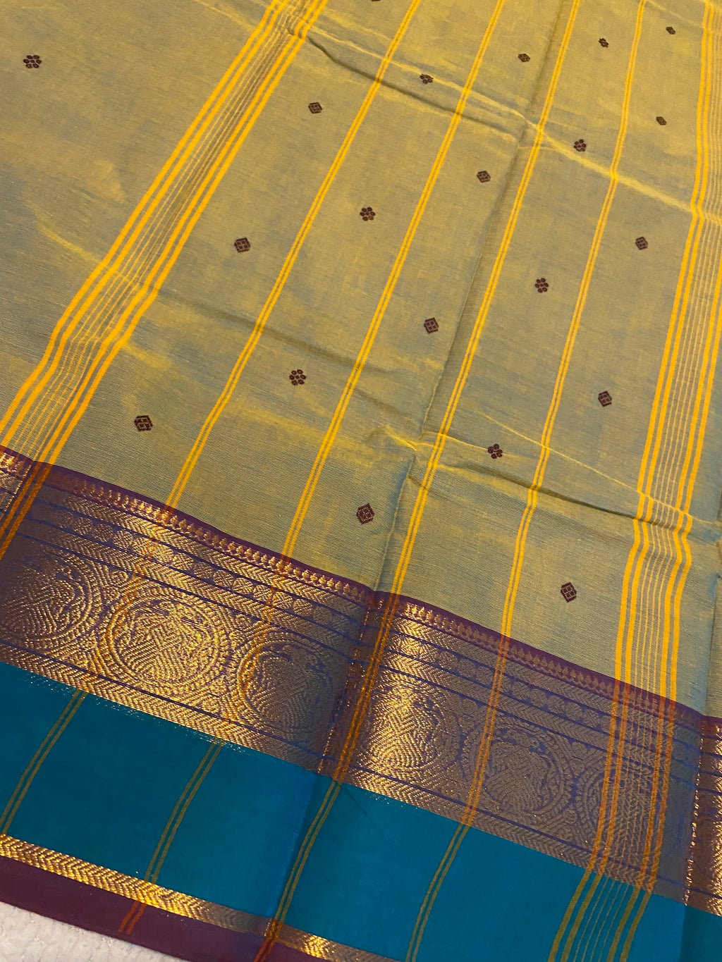 Pure Kanchi Cotton Saree | Olive Green with Contrast Blue Border