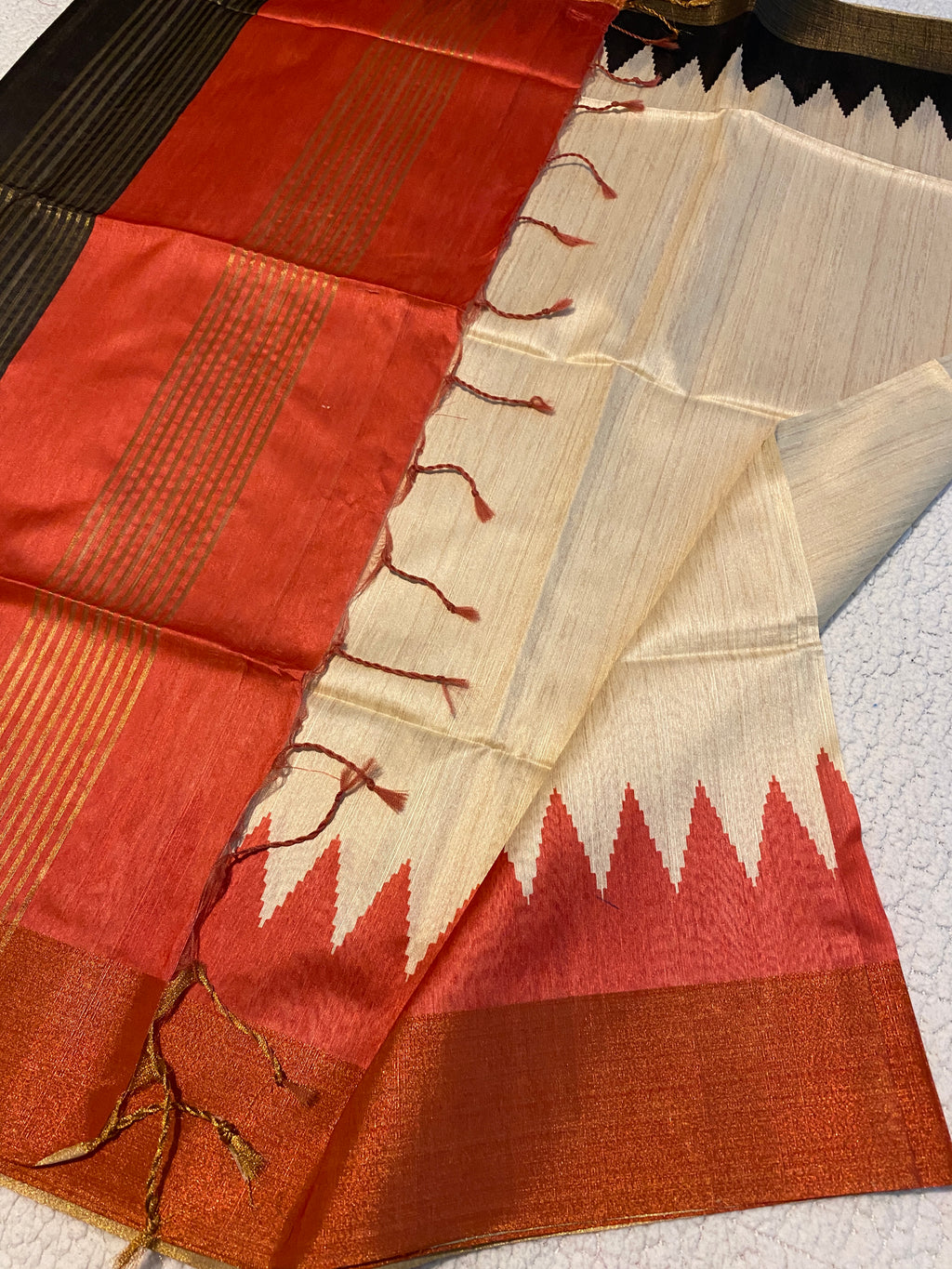 Cream Semi-Jute Tussar Saree with Ganga Jamuna Temple Border