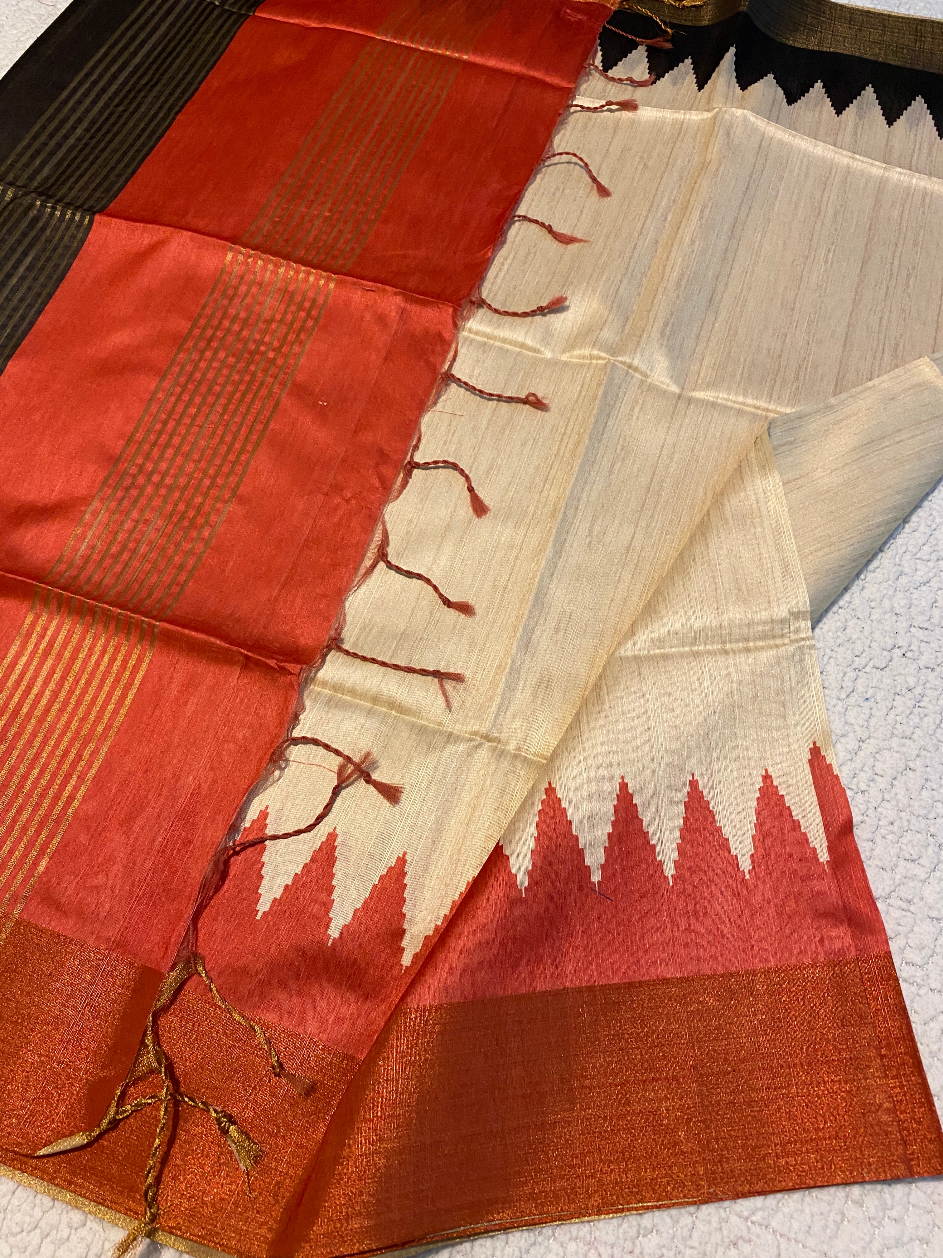 Cream Semi-Jute Tussar Saree with Ganga Jamuna Temple Border