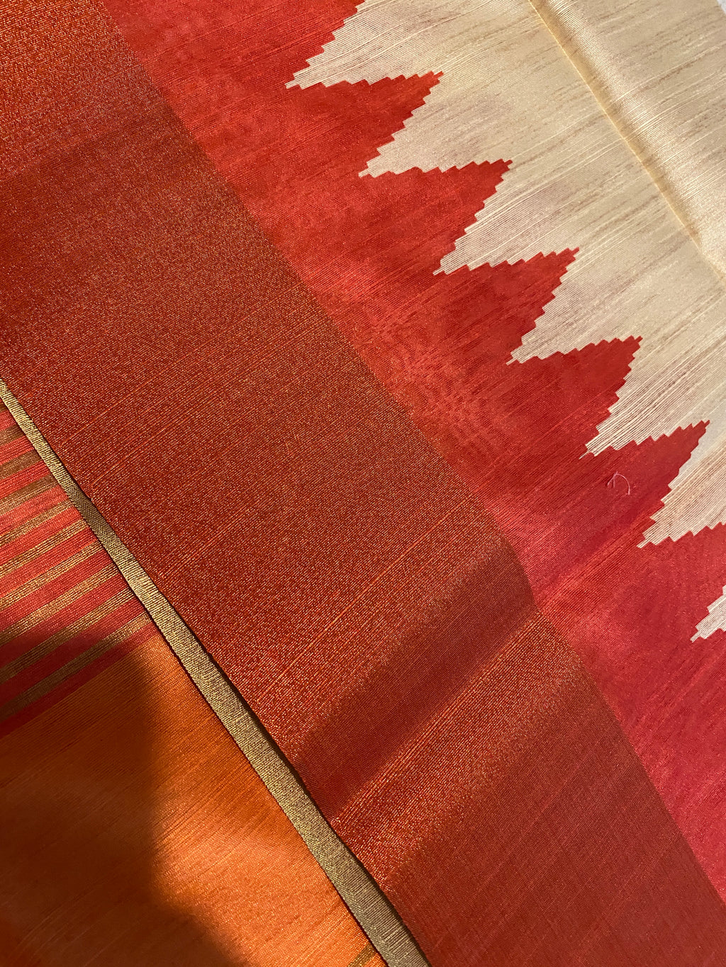 Cream Semi-Jute Tussar Saree with Ganga Jamuna Temple Border