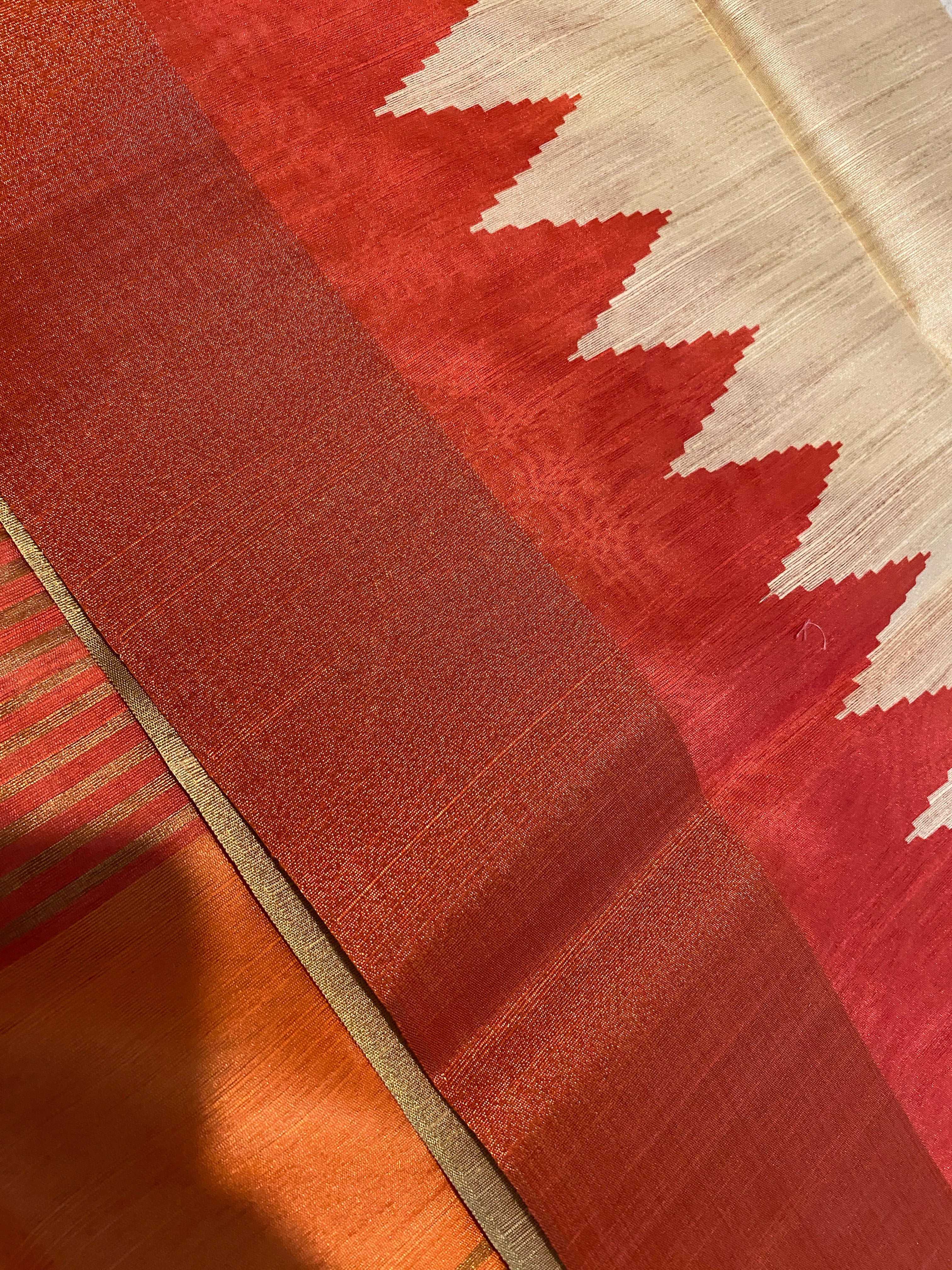Cream Semi-Jute Tussar Saree with Ganga Jamuna Temple Border