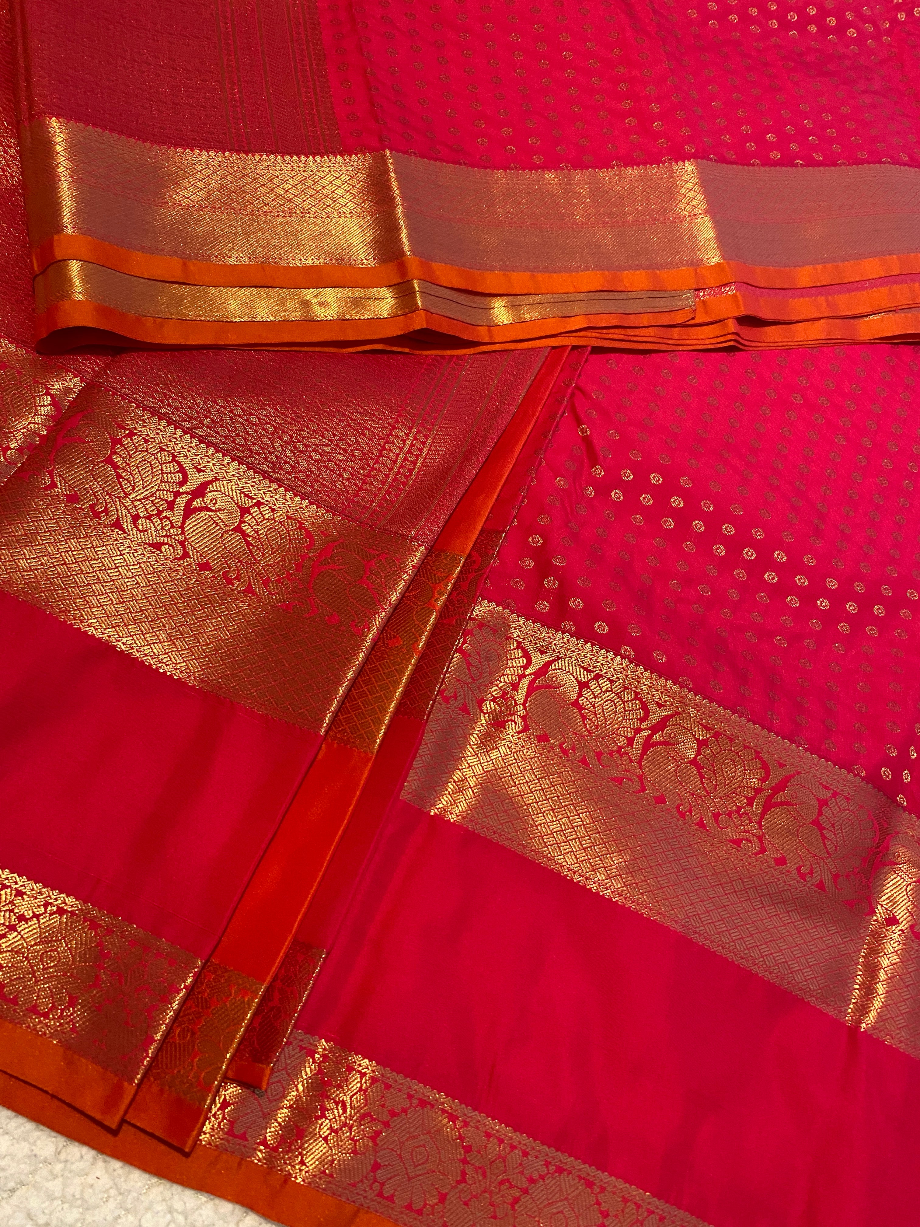 Premium Rani Pink Semi Kanchipuram Silk Saree with Gold Zari & Orange Piping Border