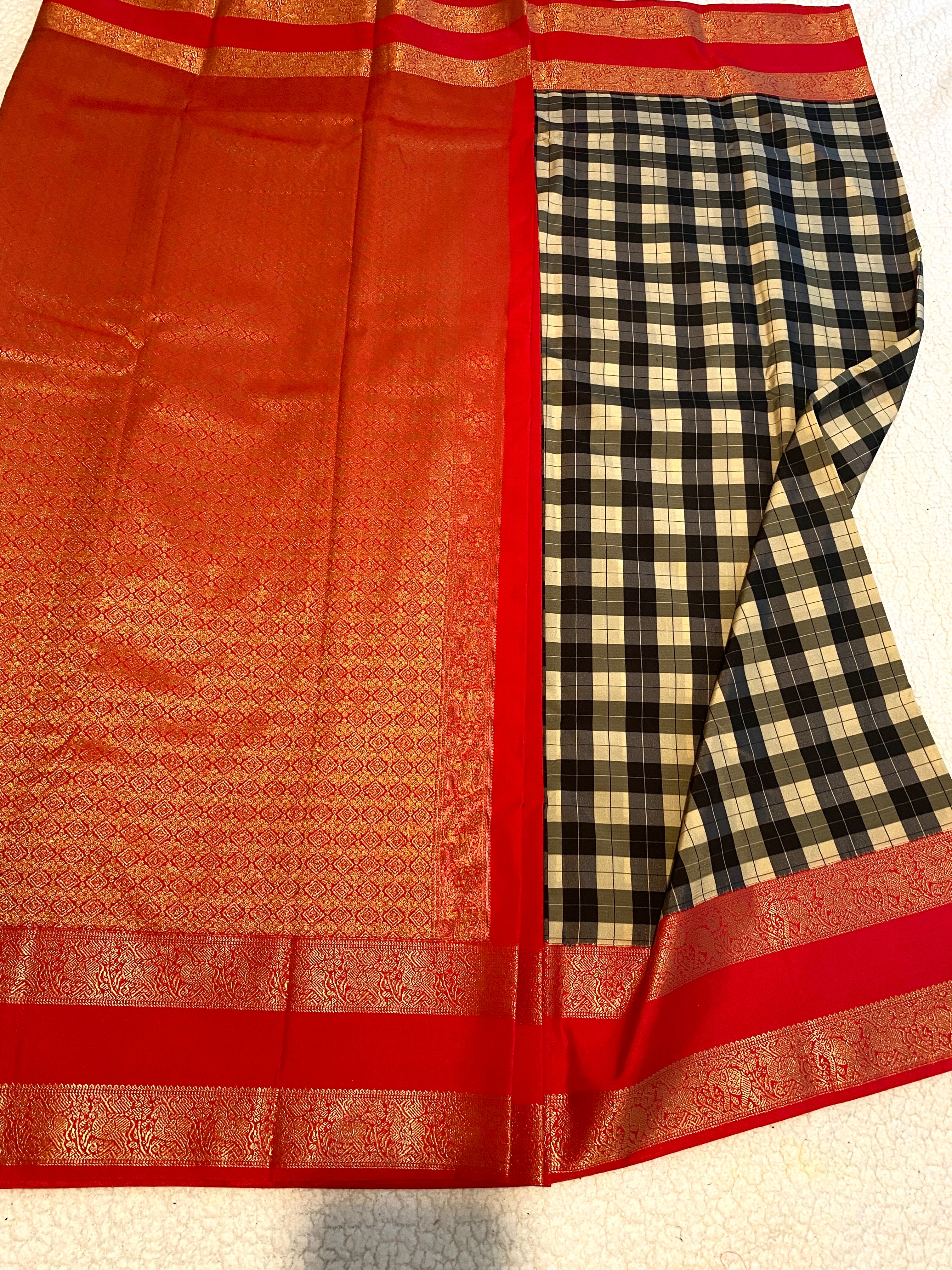 Semi-Kanchipuram Silk Saree with Checked Body, Rich Red Pallu & Gold Zari Border