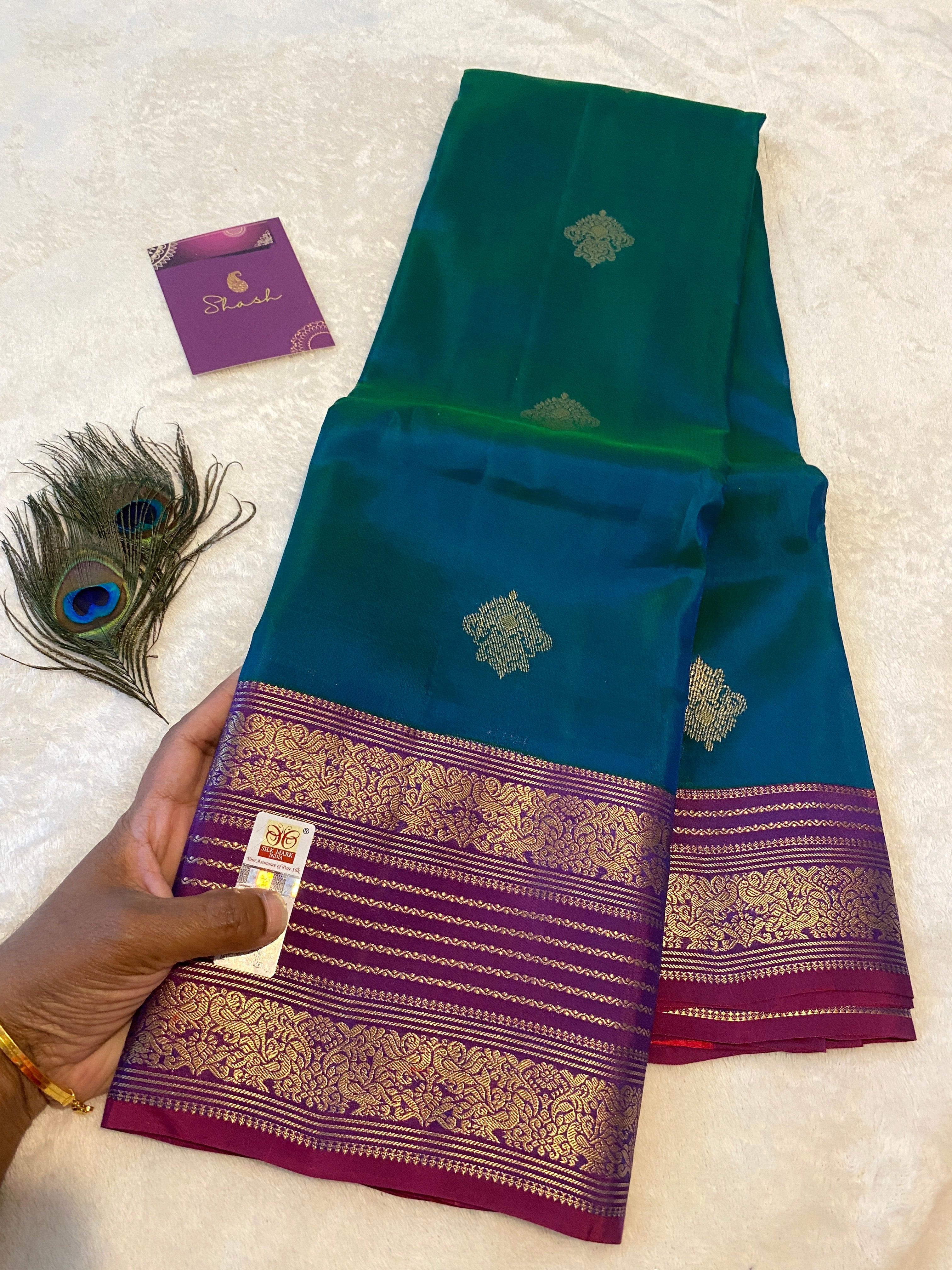 Pure Kanchipuram Silk Saree in Peacock Blue with Contrast Purple Zari Border | Silk Mark Certified