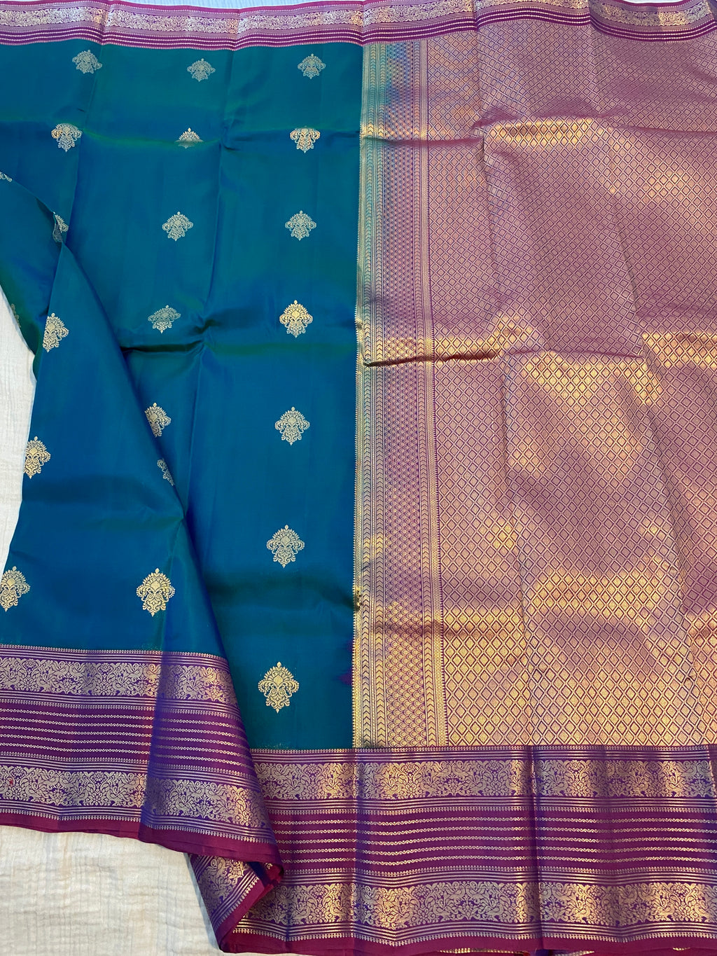 Pure Kanchipuram Silk Saree in Peacock Blue with Contrast Purple Zari Border | Silk Mark Certified
