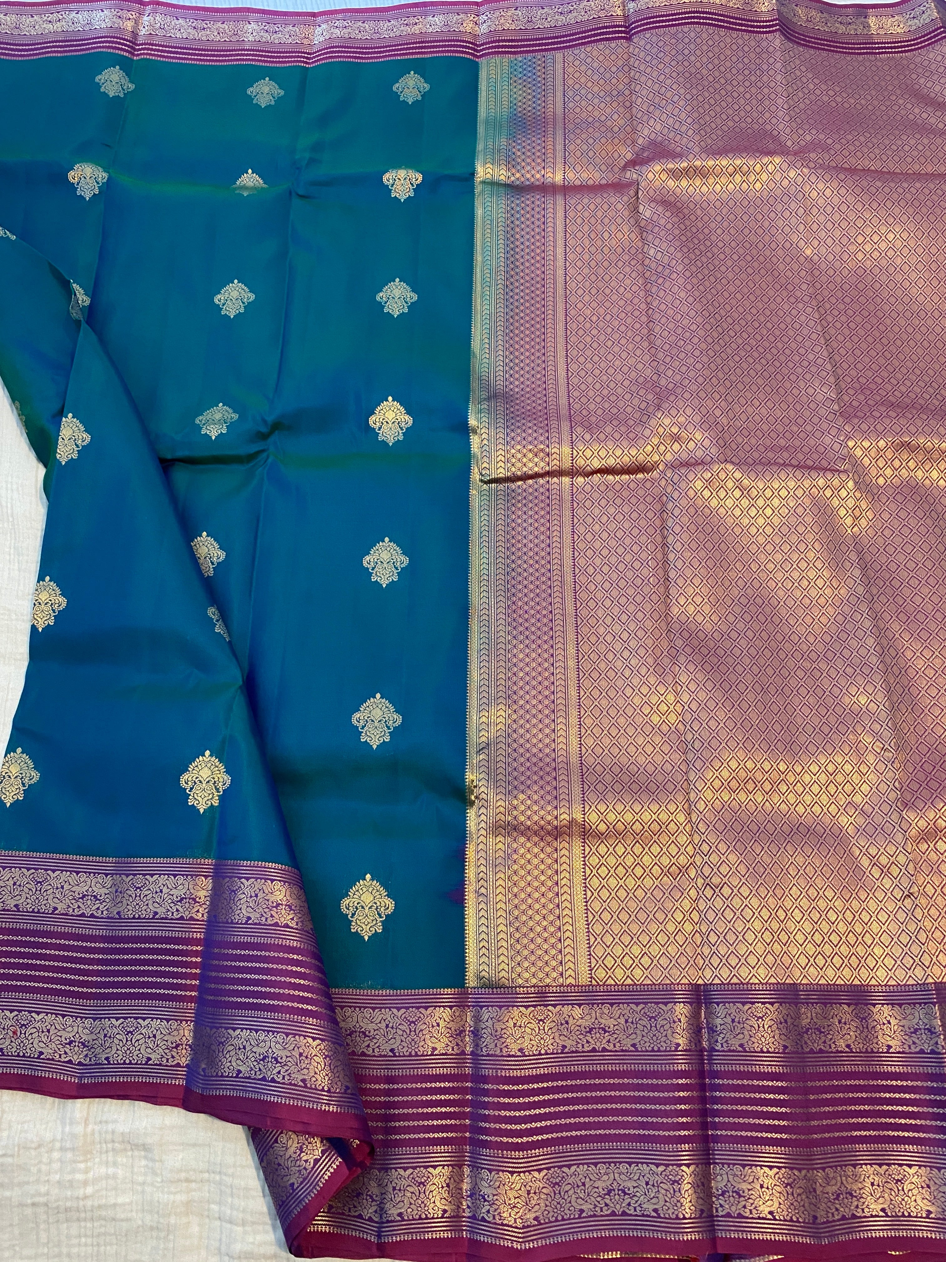 Pure Kanchipuram Silk Saree in Peacock Blue with Contrast Purple Zari Border | Silk Mark Certified
