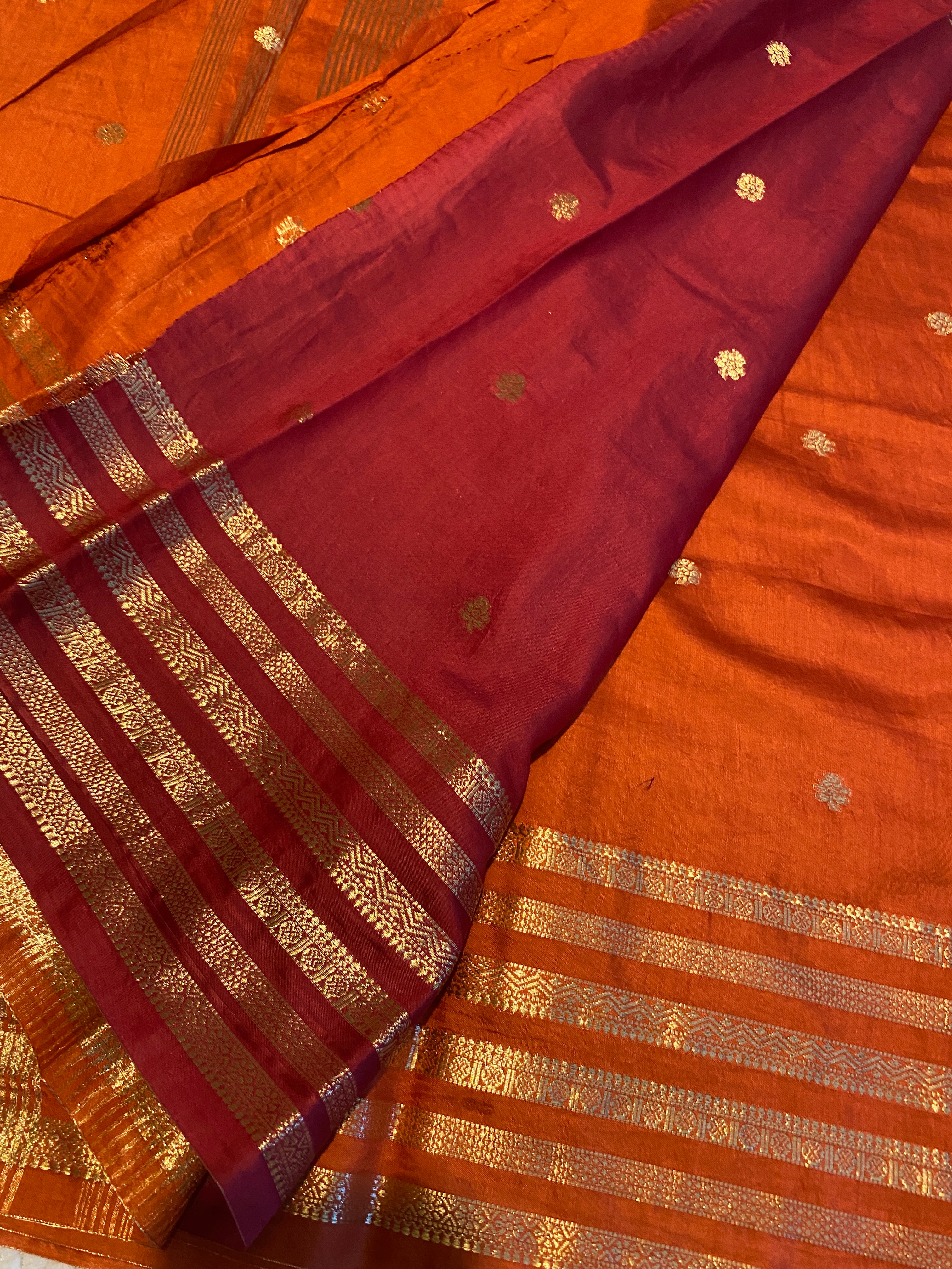 Assam Silk Saree in Burnt Orange with Gold Zari Border & Contrast Deep Reddish Maroon Blouse