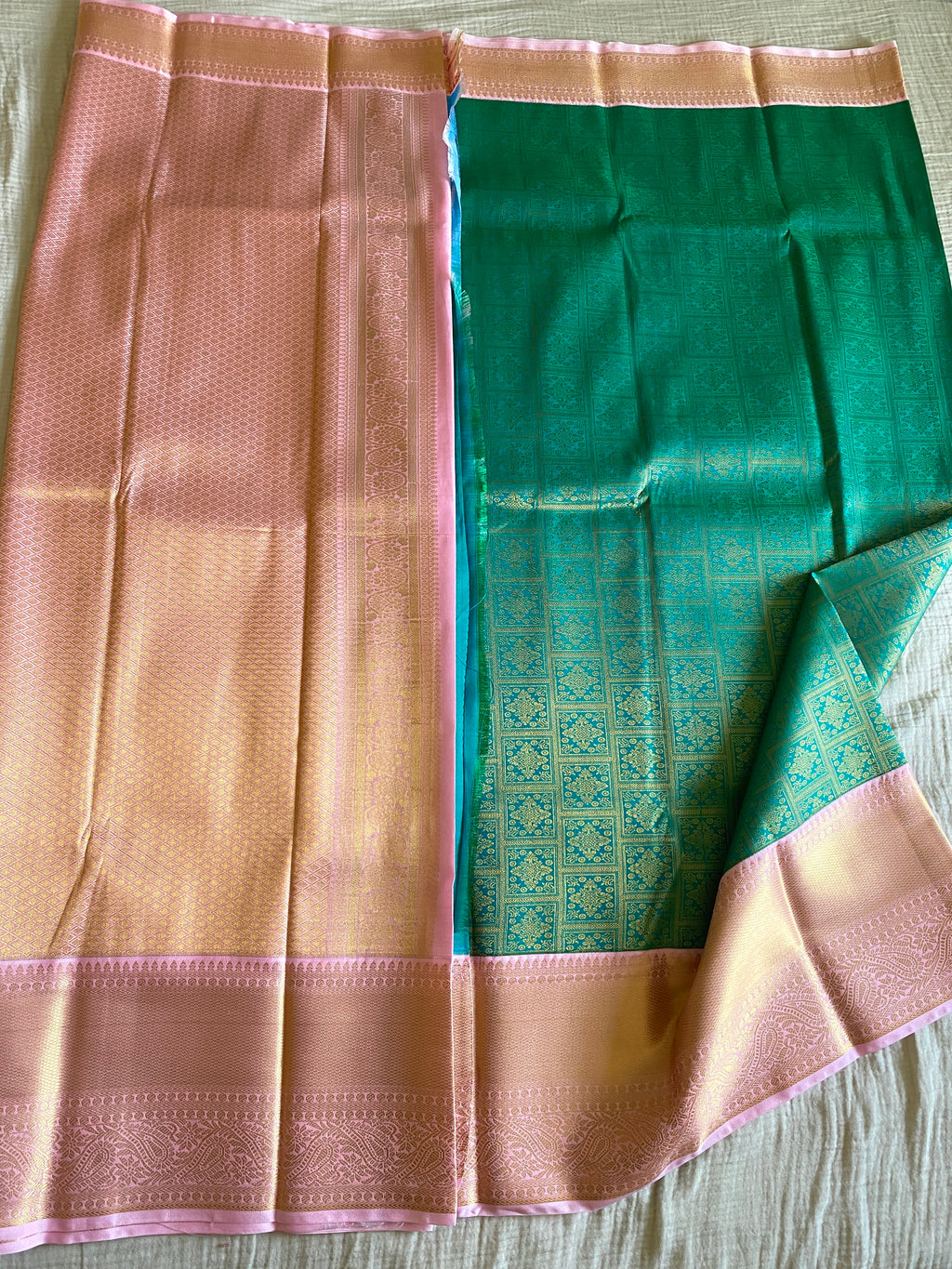 Emerald Green Semi-Kanchipuram Silk Saree with Baby Pink Zari Border & Woven Pallu
