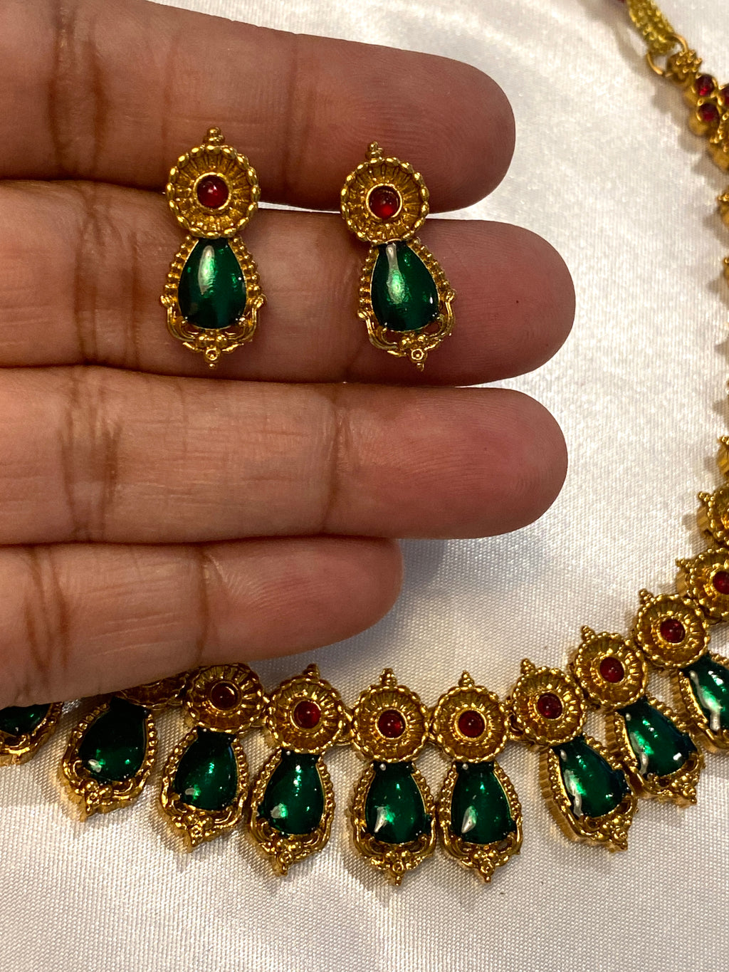 Kerala Style Green & Ruby Palakka-Inspired Necklace