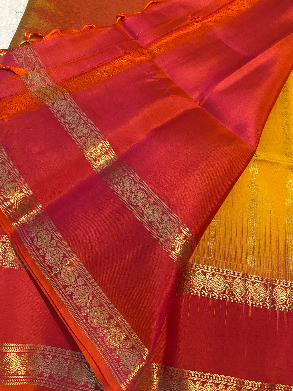 Pure Kanchipuram Soft Silk Saree | Mustard Yellow with Reddish Orange Border