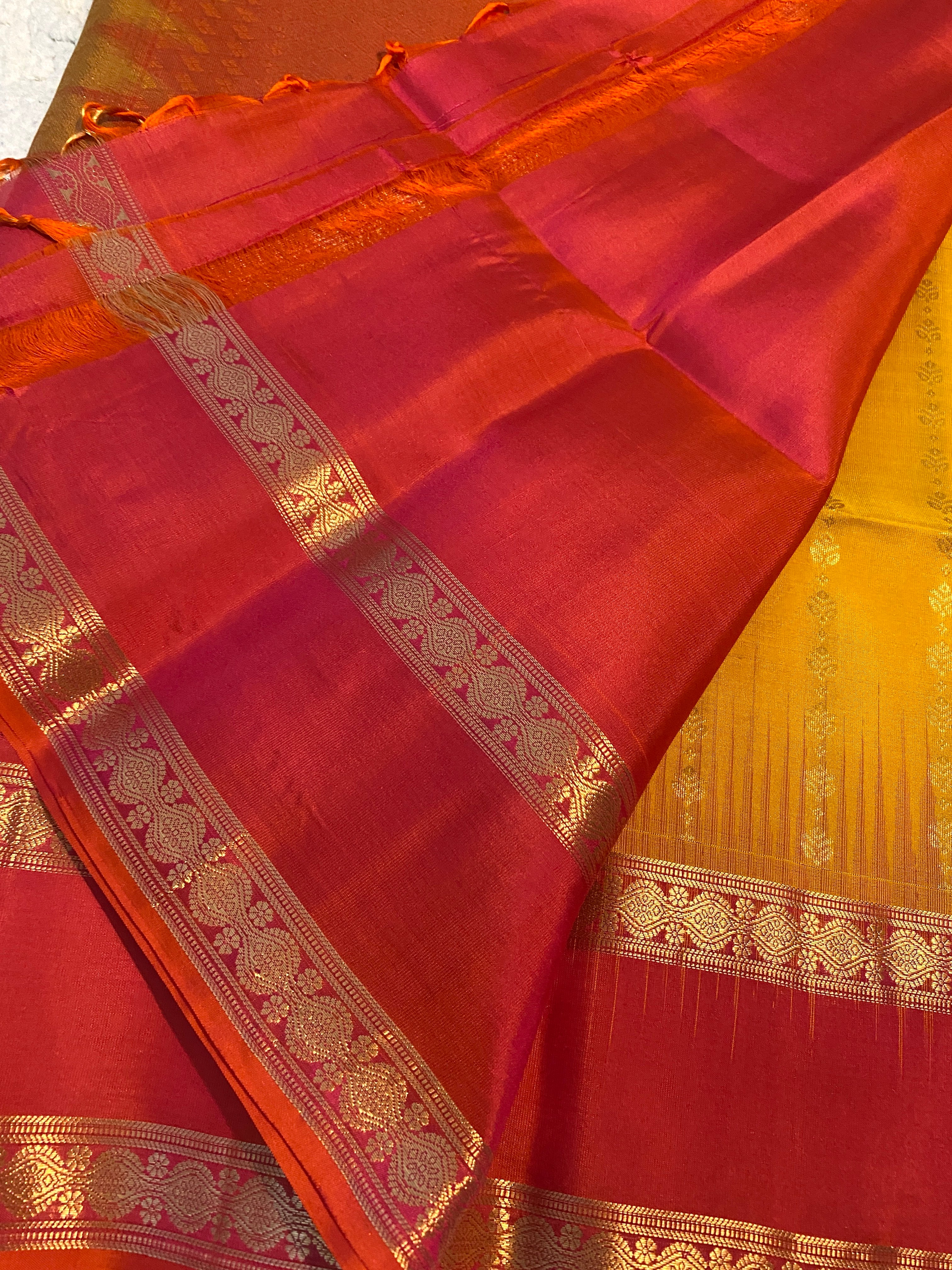 Pure Kanchipuram Soft Silk Saree | Mustard Yellow with Reddish Orange Border