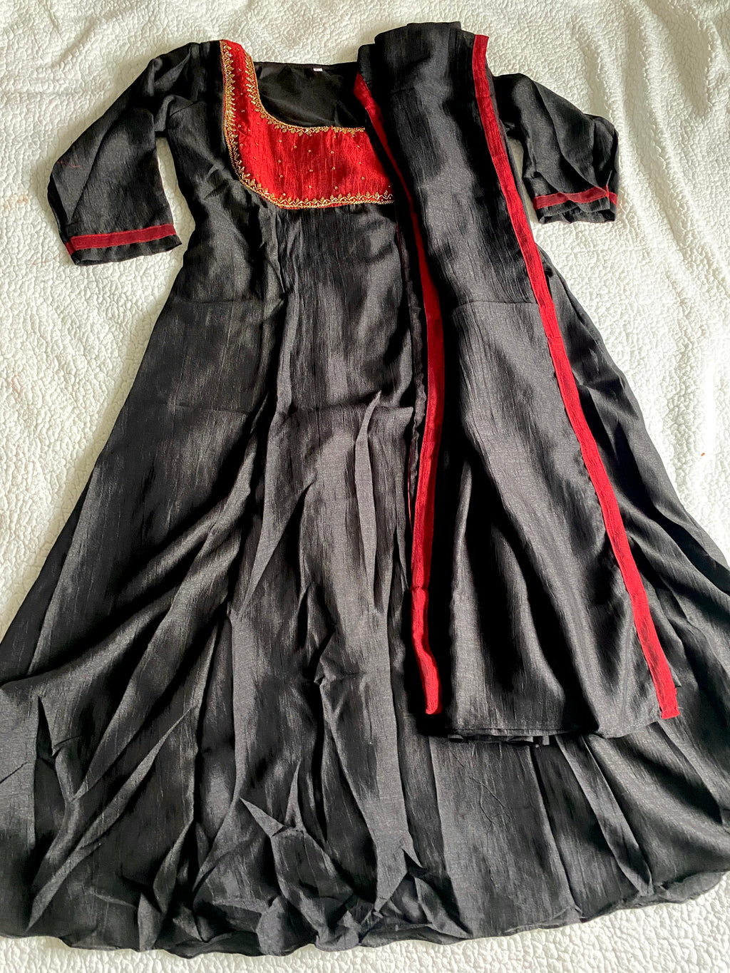 Black Handworked Semi-Raw Silk A-Line Top with Dupatta