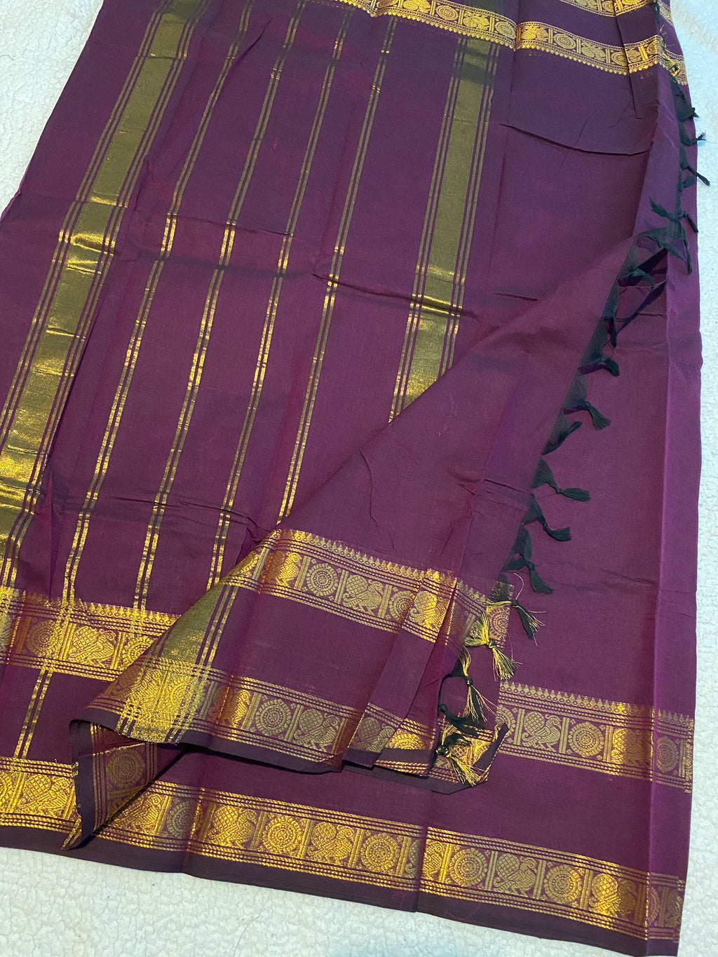 Deep Purple Pure Kanchi Cotton Saree with Traditional Gold Zari Border