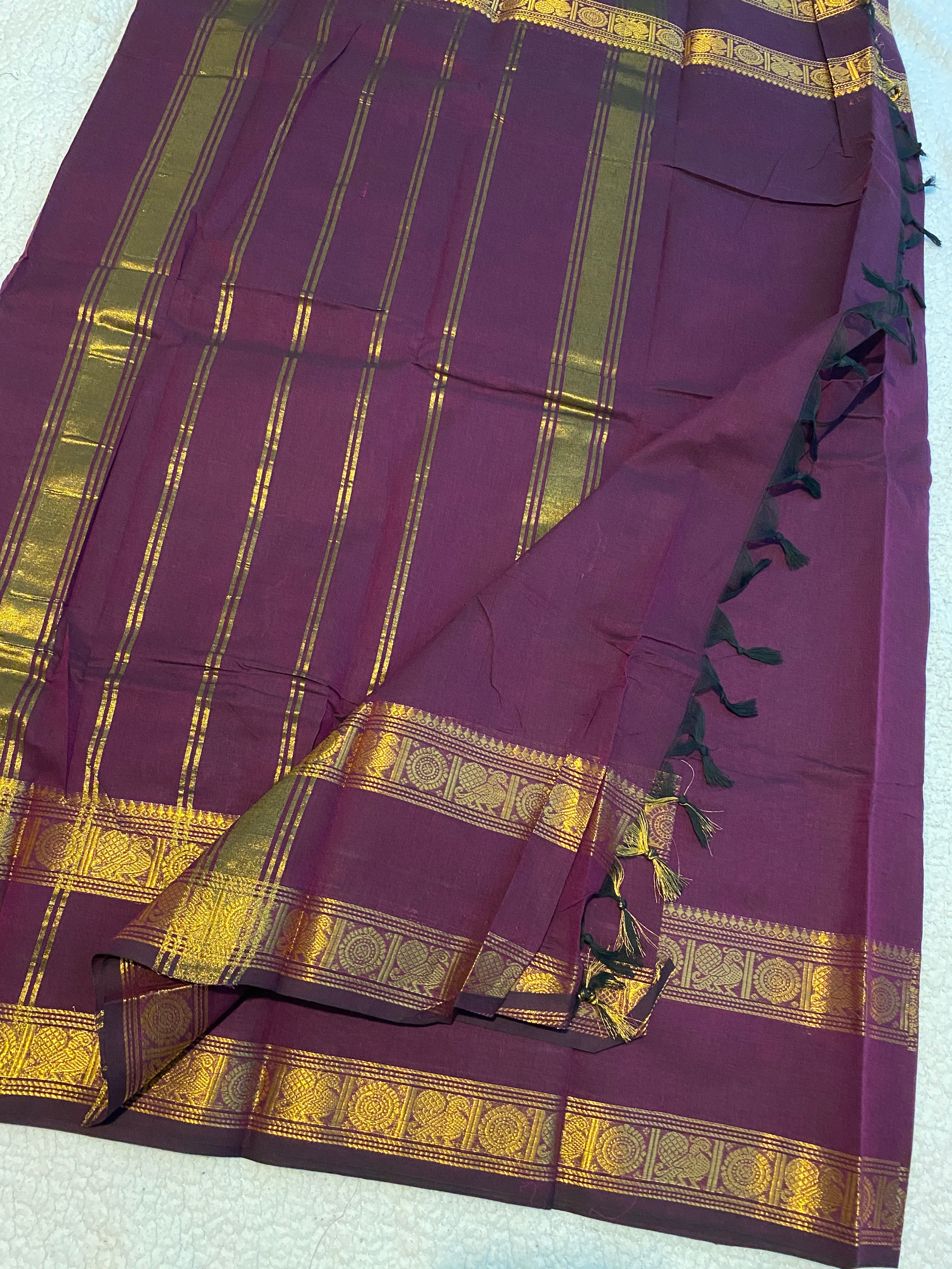 Deep Purple Pure Kanchi Cotton Saree with Traditional Gold Zari Border