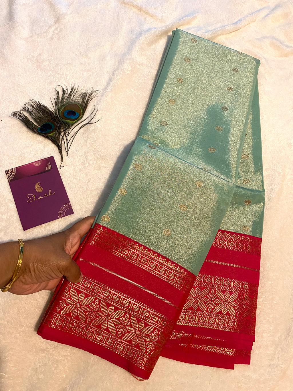 Shimmering Sage Green & Rani Pink Semi-Kanchipuram Silk Saree with Gold Zari Border