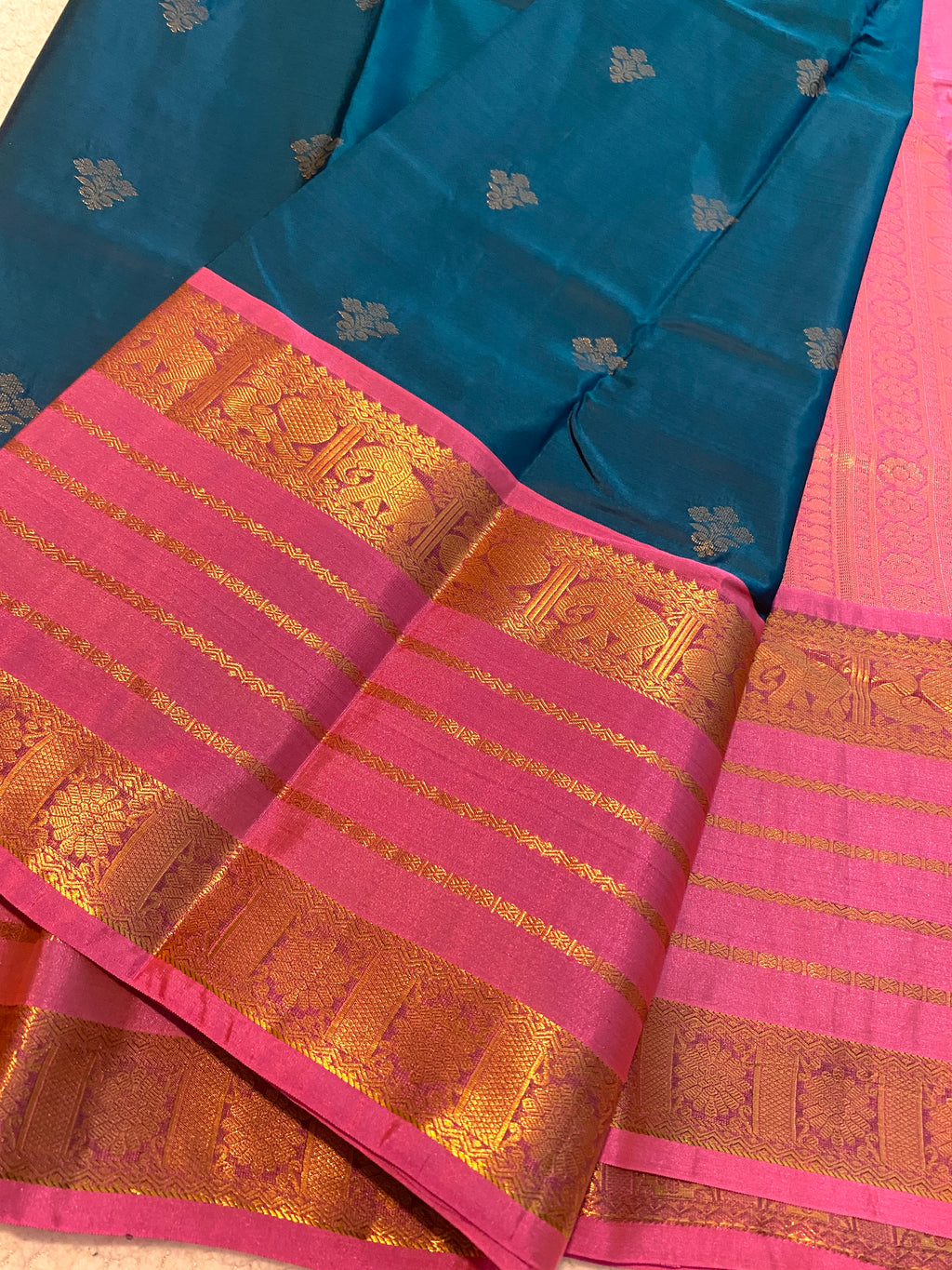 Premium Blue and Pink Semi-Kanchipuram Silk Saree with Gold Zari Border
