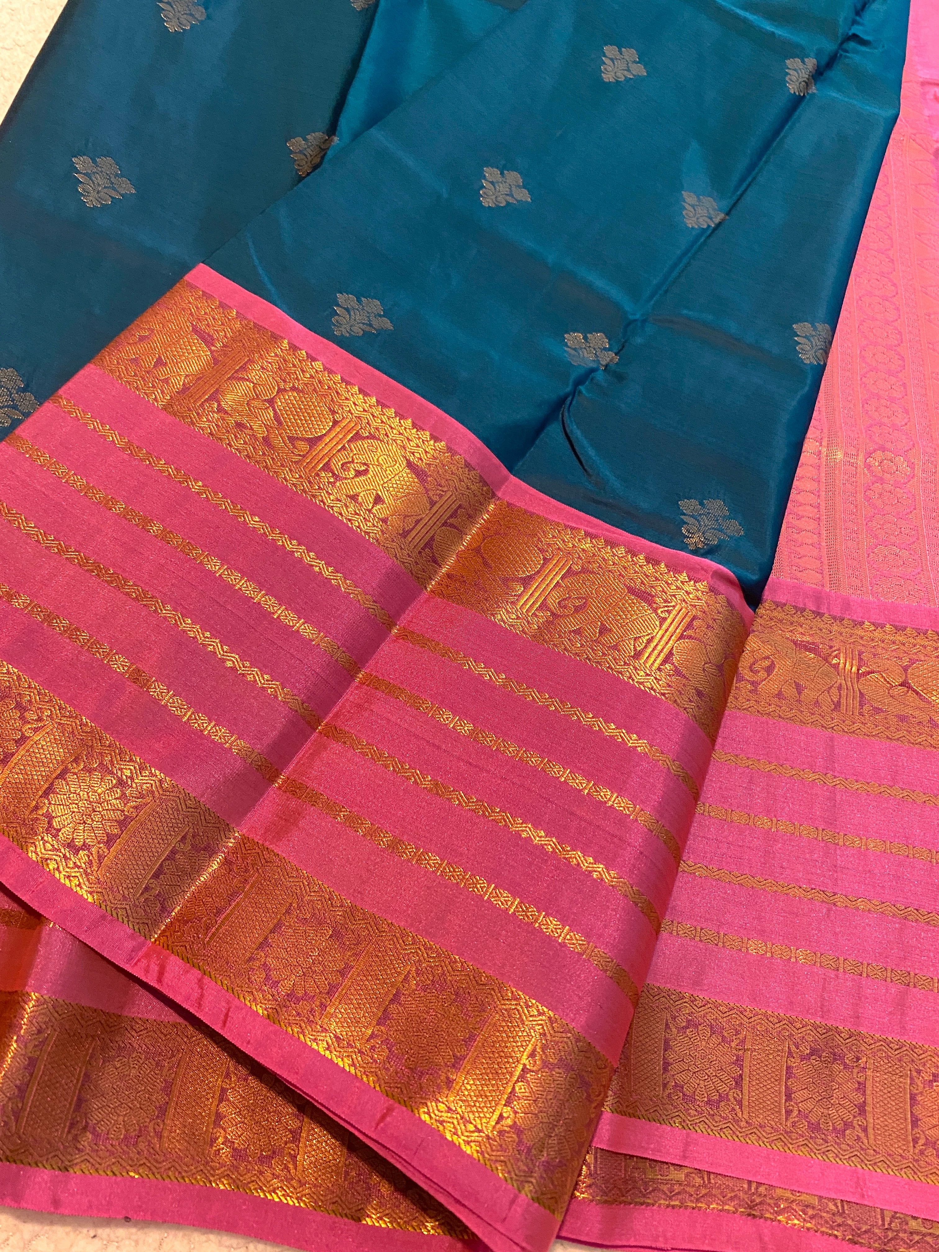 Premium Blue and Pink Semi-Kanchipuram Silk Saree with Gold Zari Border