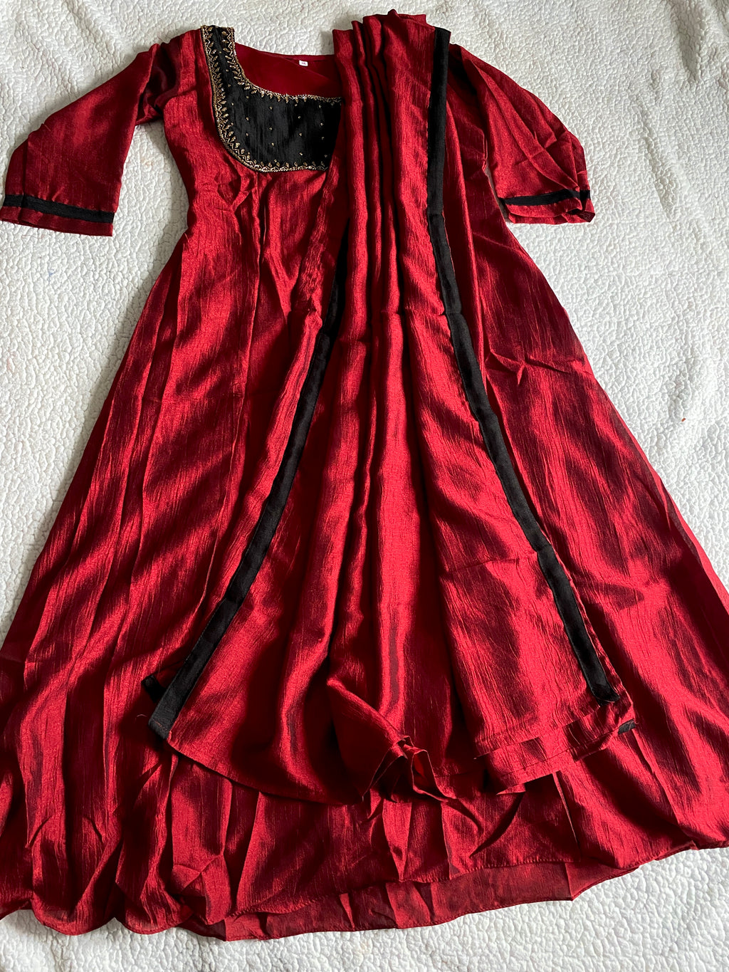 Maroon Handworked Semi-Raw Silk A-Line Top with Dupatta