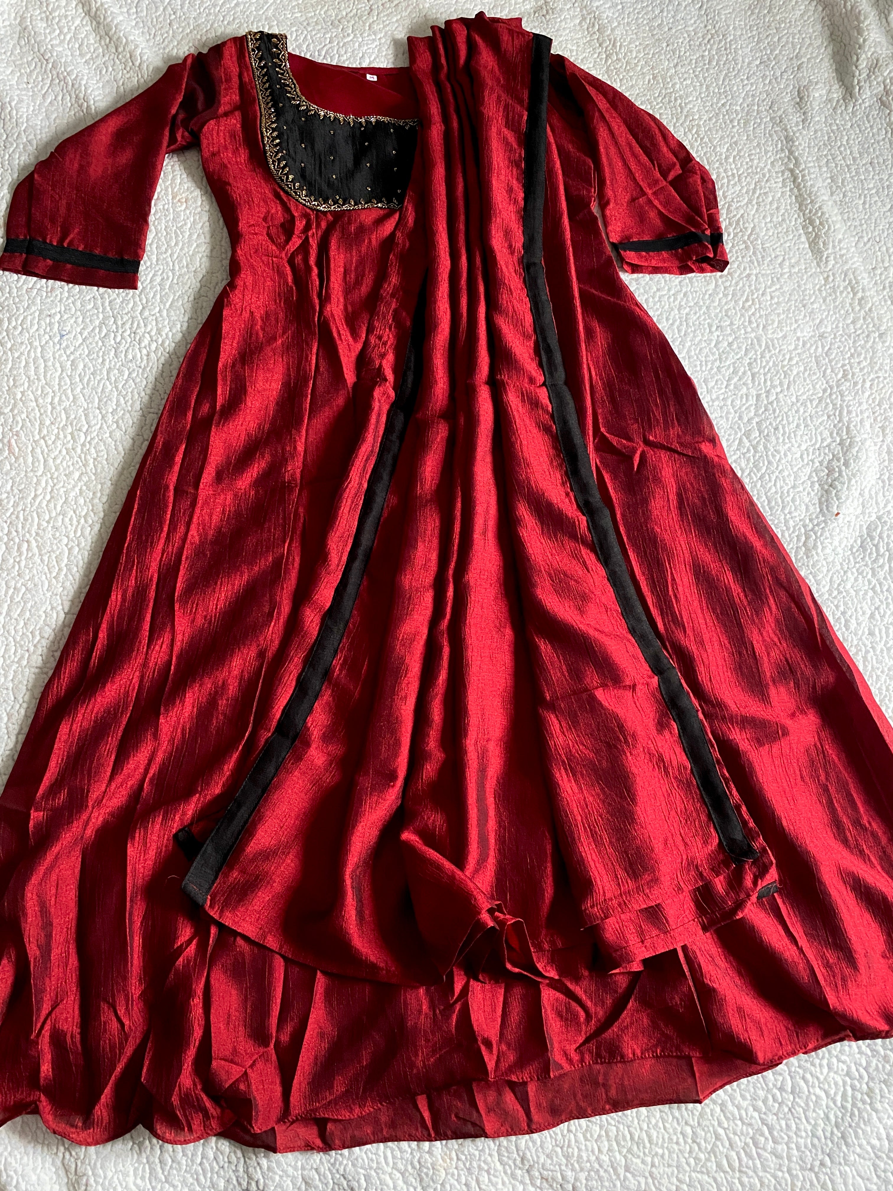 Maroon Handworked Semi-Raw Silk A-Line Top with Dupatta