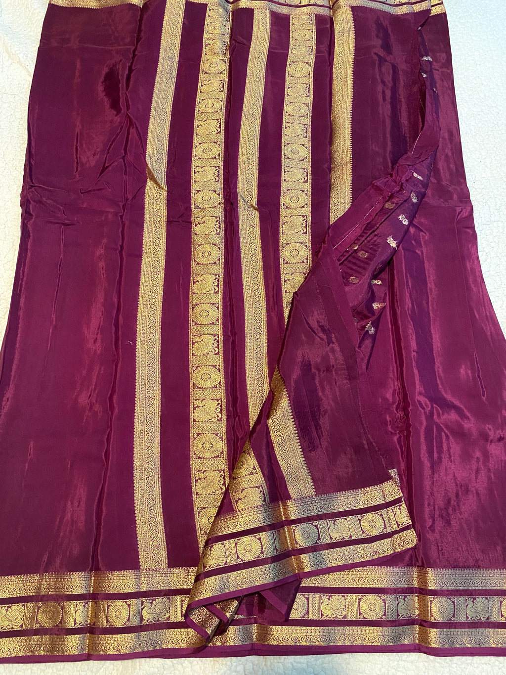Purple Satin Crepe Saree with Traditional Gold Zari Border