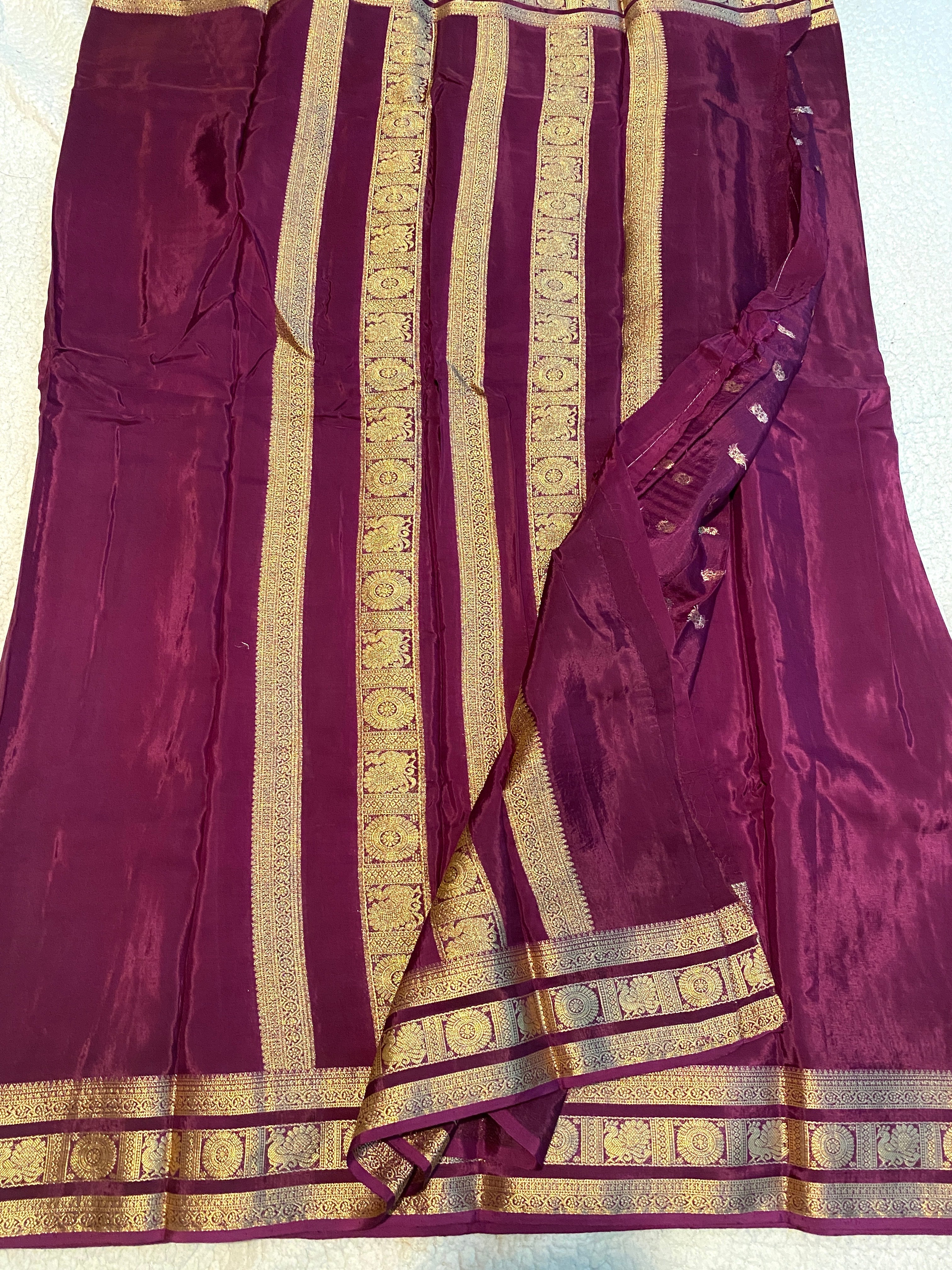 Purple Satin Crepe Saree with Traditional Gold Zari Border