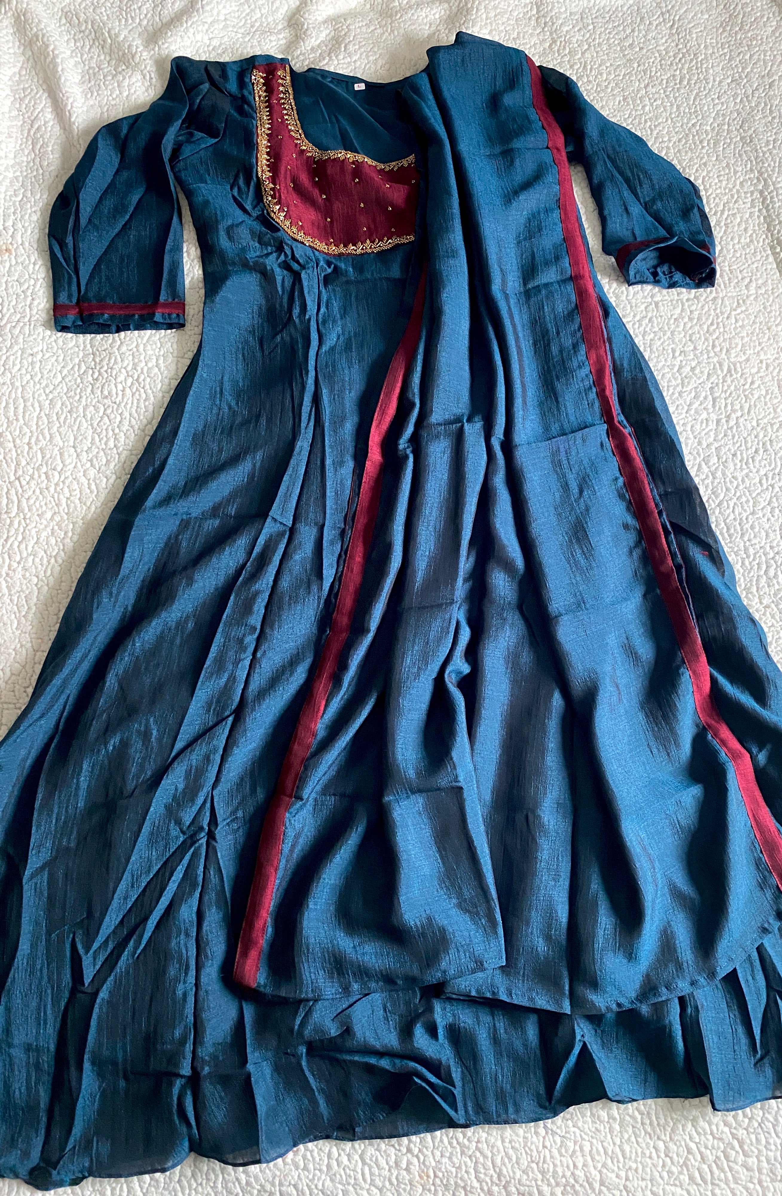 Peacock Blue Handworked Semi-Raw Silk A-Line Top with Dupatta
