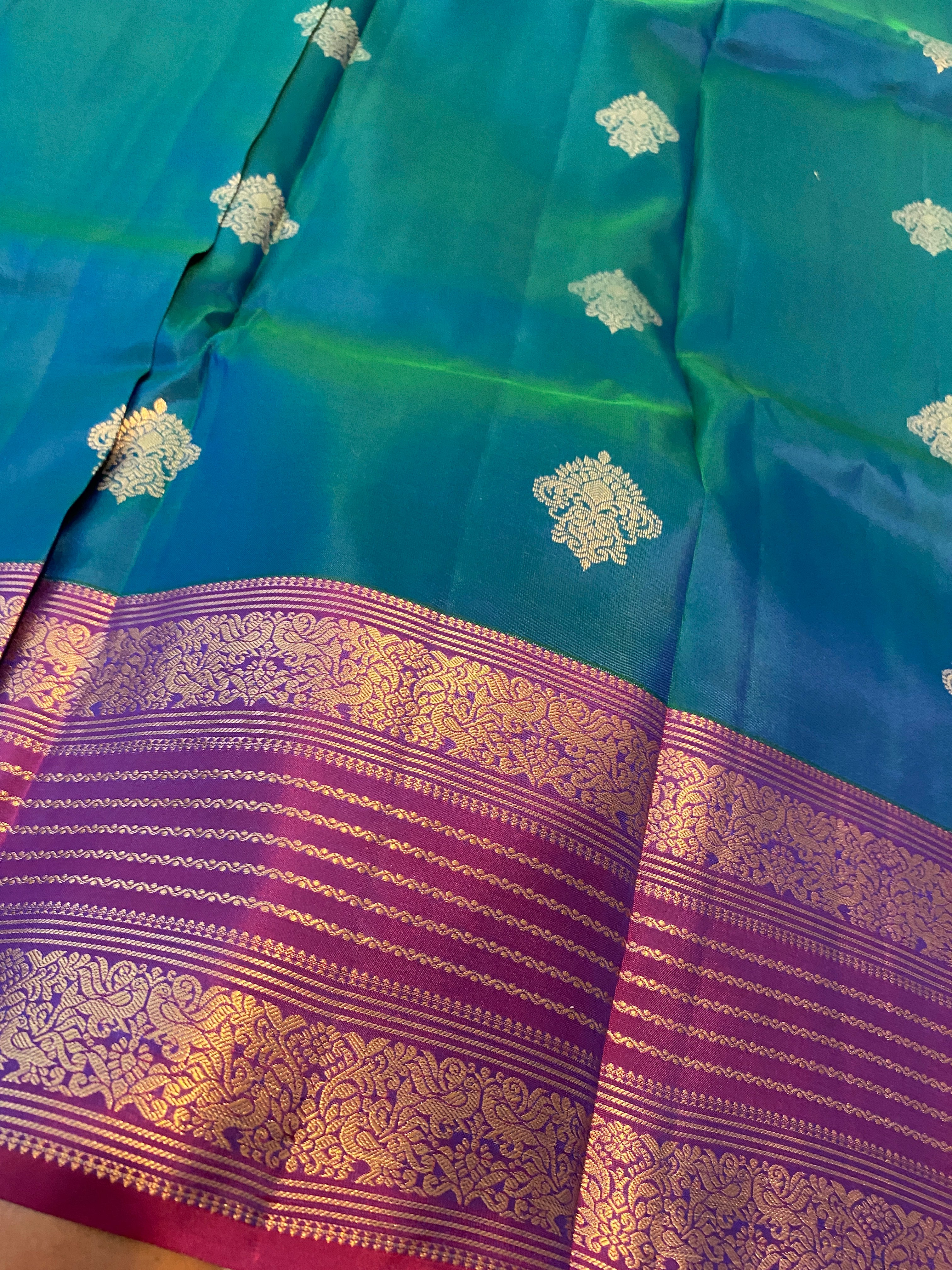Pure Kanchipuram Silk Saree in Peacock Blue with Contrast Purple Zari Border | Silk Mark Certified