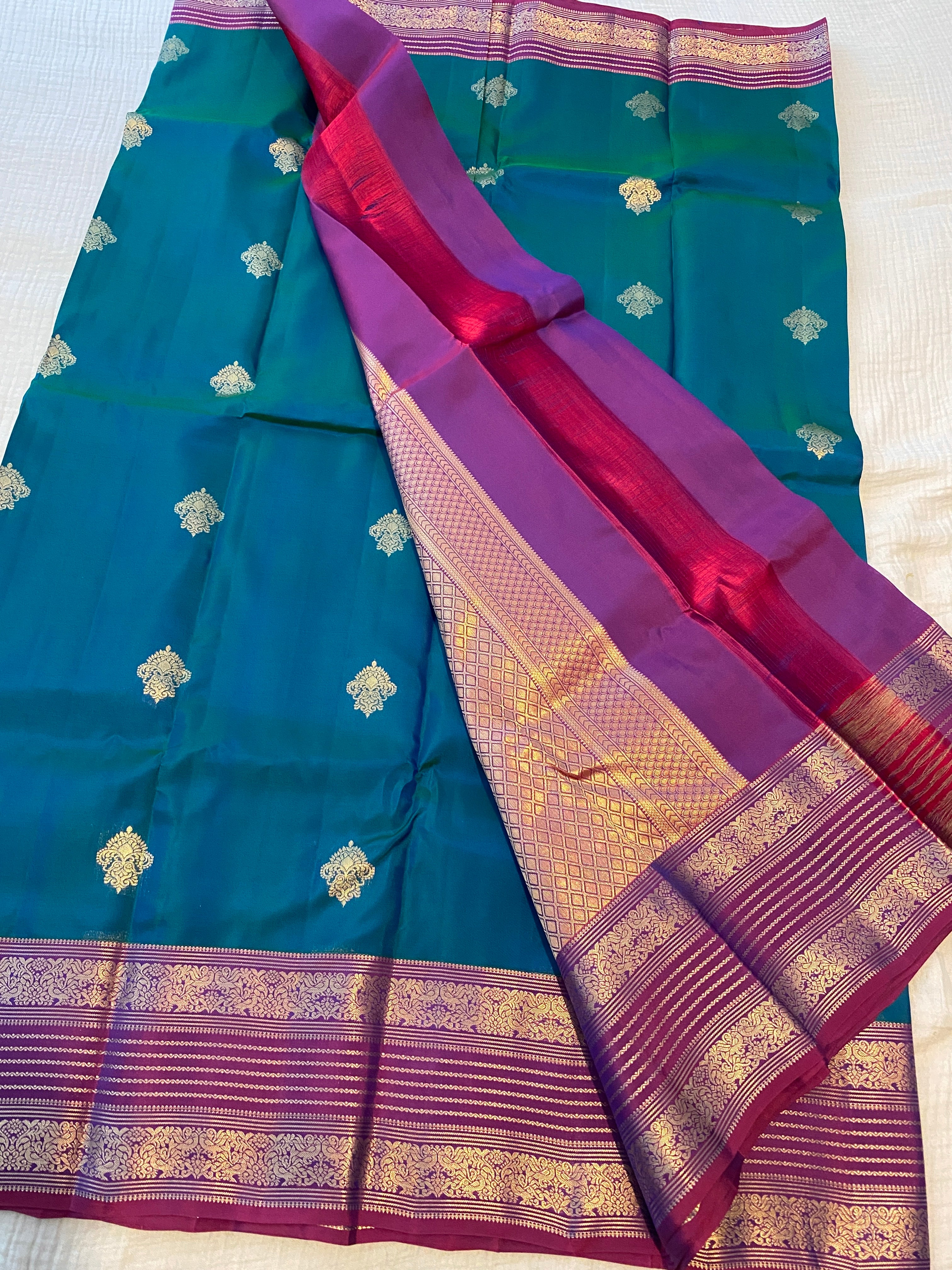 Pure Kanchipuram Silk Saree in Peacock Blue with Contrast Purple Zari Border | Silk Mark Certified