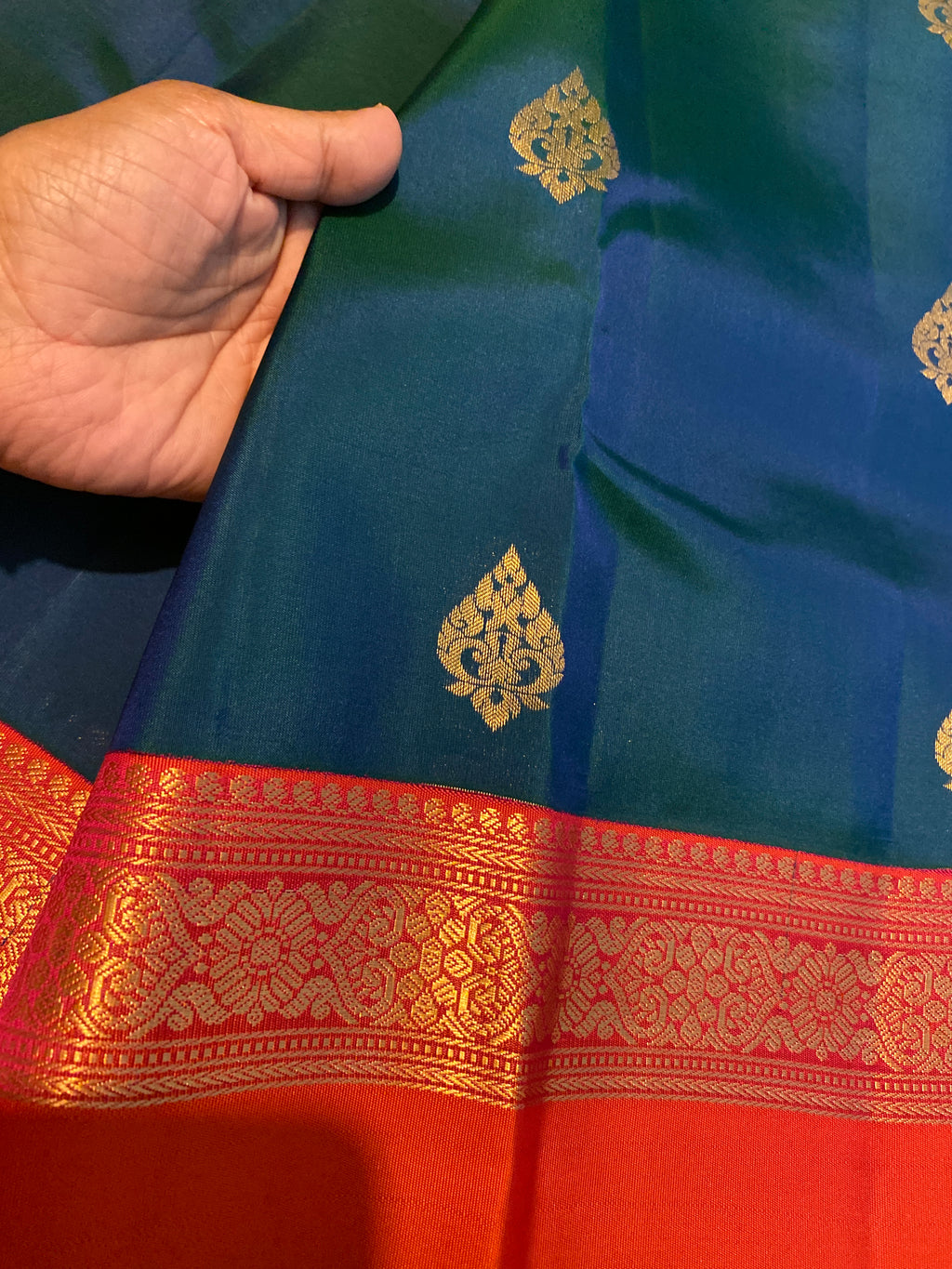 Pure Kanchipuram Silk Saree | Peacock Blue with Vibrant Reddish-Orange Zari Border