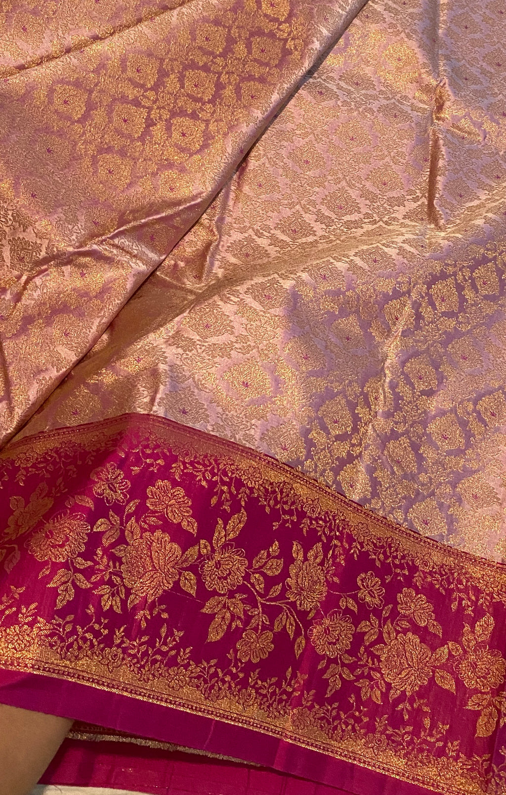 Blush Pink Premium Semi-Kanchipuram Silk Saree with Magenta Pink Floral Gold Zari Border & Pallu