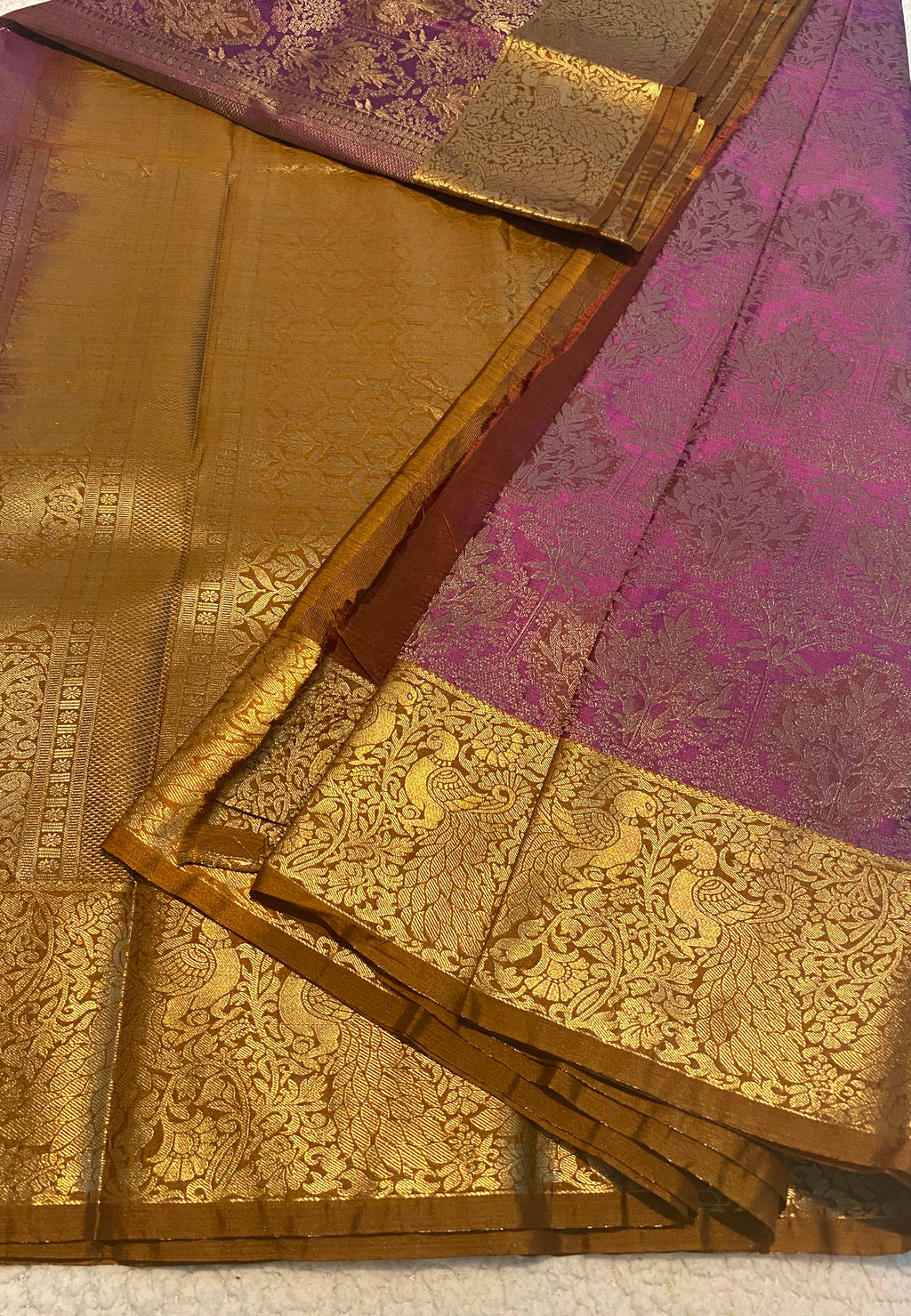 Magenta Purple and Antique Mustard Gold Semi-Kanchipuram Silk Saree with Rich Gold Zari Border