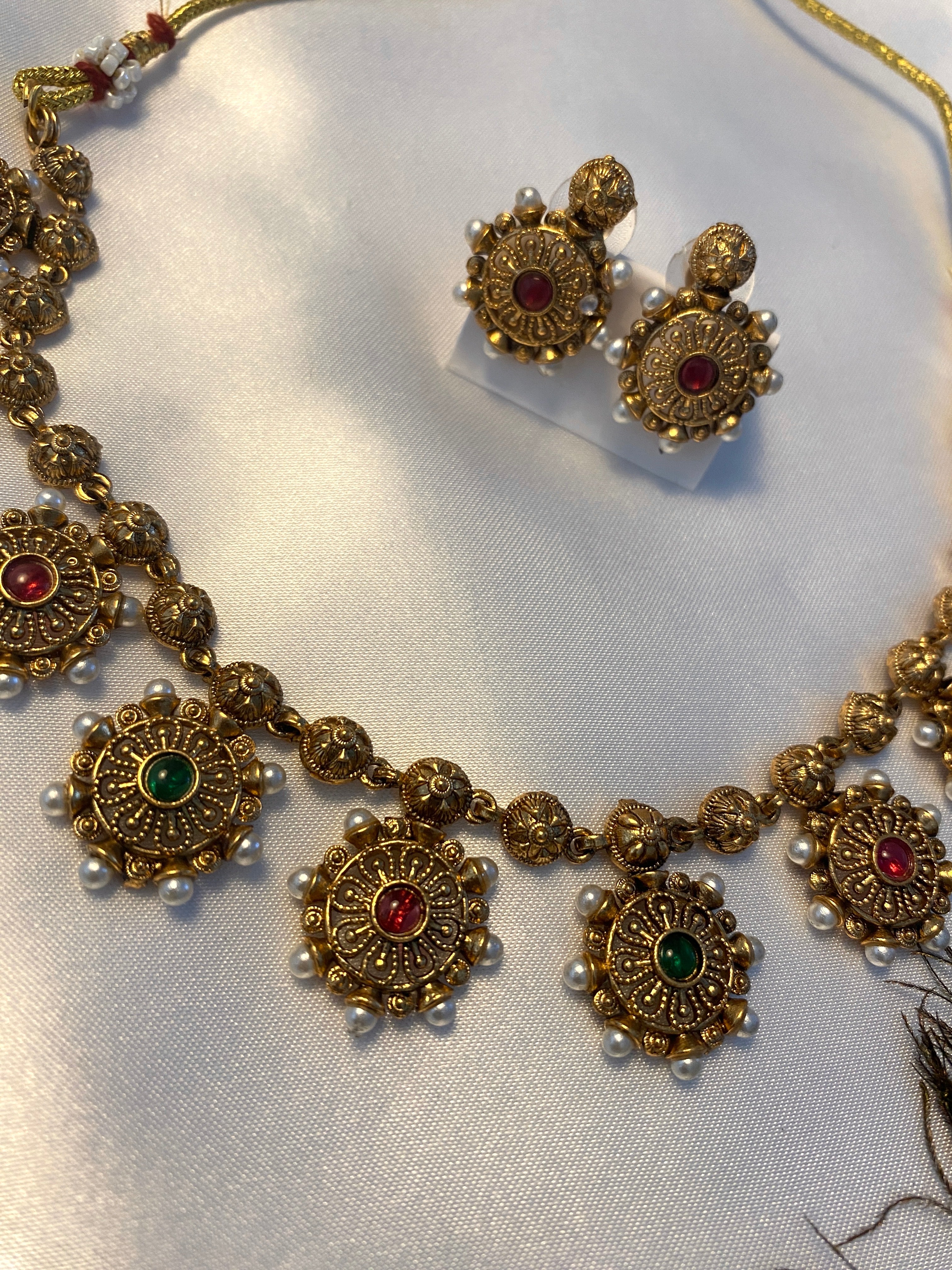 Antique Gold-Tone Ruby & Green Necklace Set | Traditional Indian Jewelry | Pearl Detail Necklace & Earrings