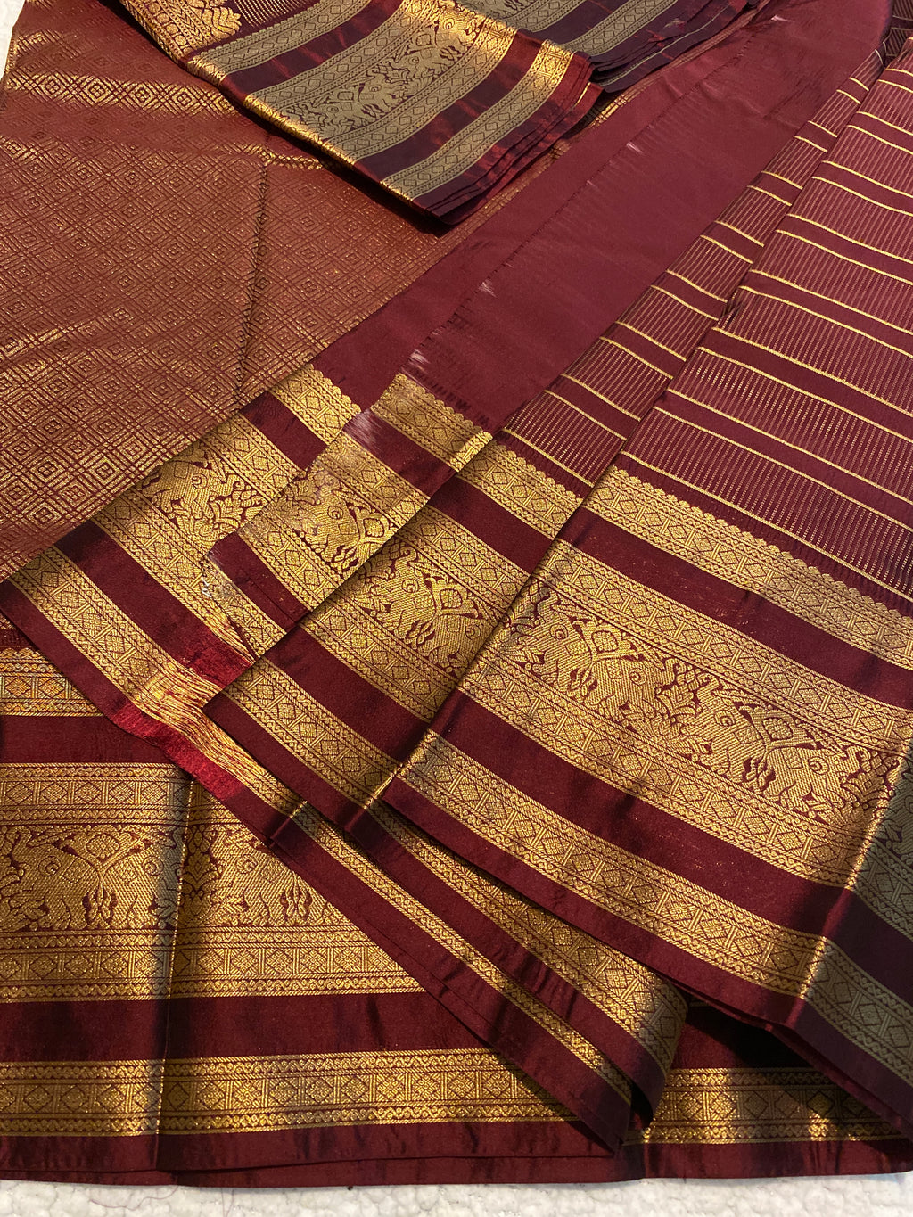 Maroon Semi-Kanchipuram Silk Saree with Gold Zari Stripes
