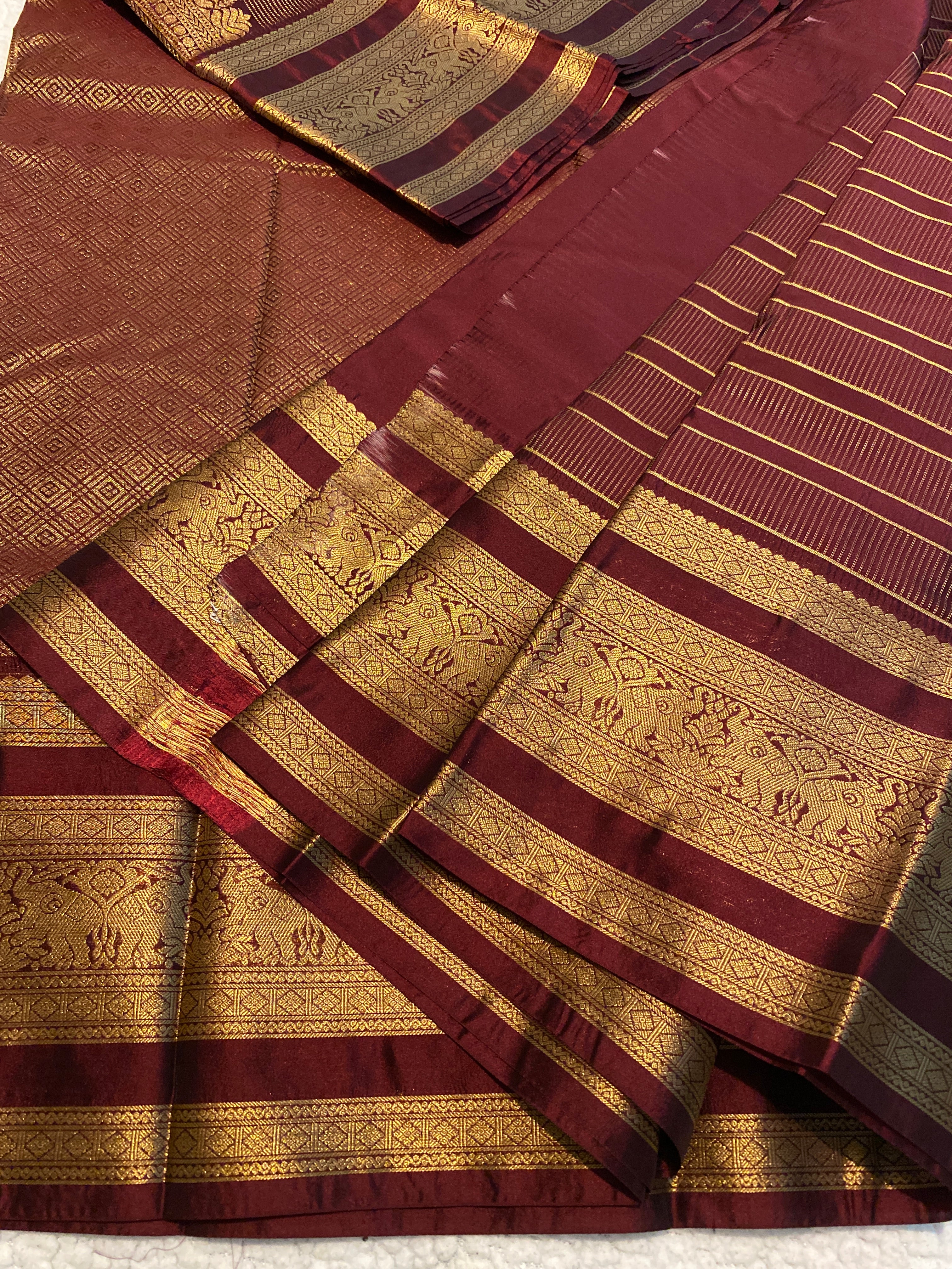 Maroon Semi-Kanchipuram Silk Saree with Gold Zari Stripes