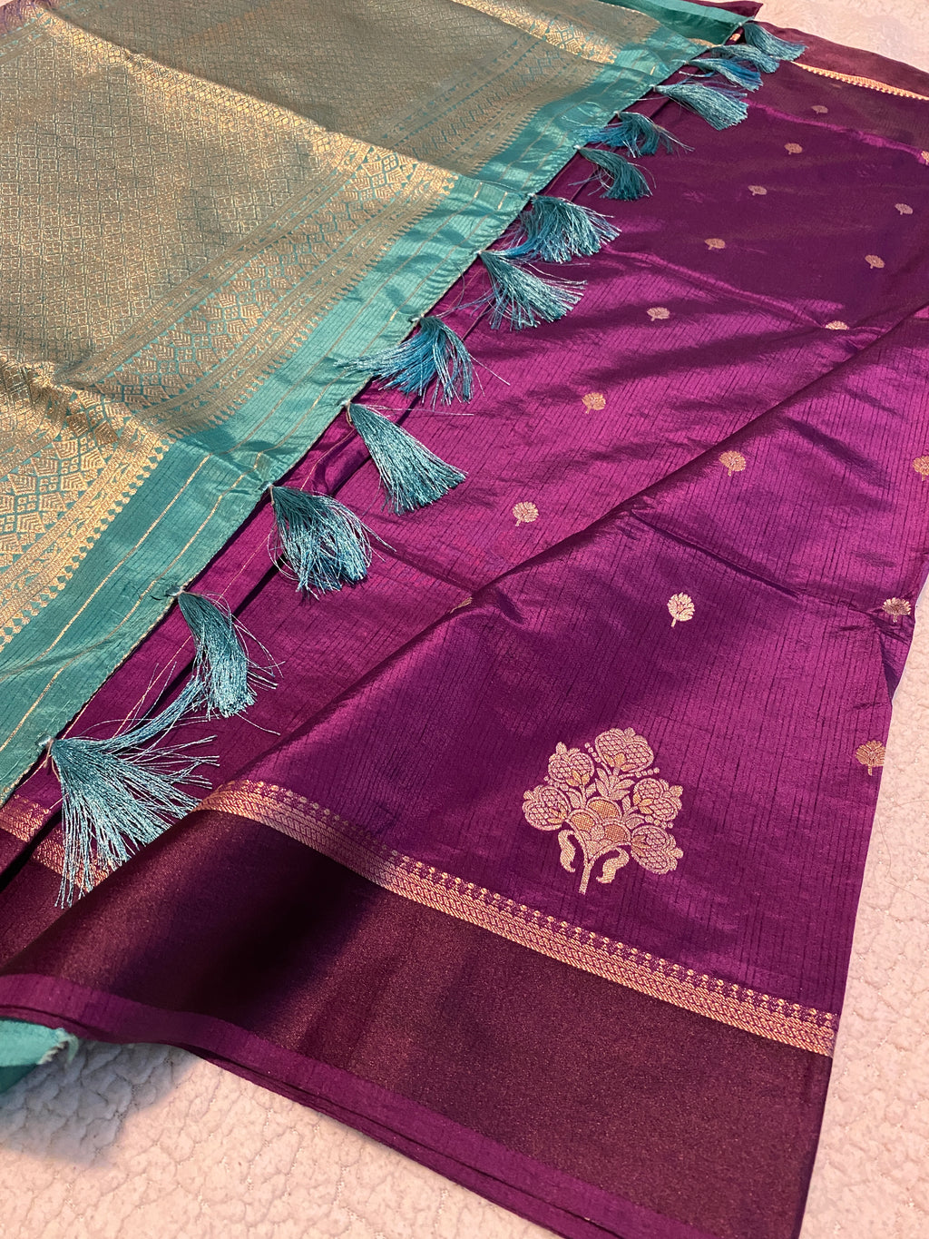 Royal Purple Semi-Soft Silk Saree with Teal Green Blouse & Pallu