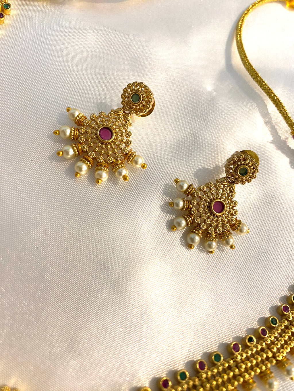 Traditional Antique Gold Necklace Set with Ruby, Green Stone & Pearl Drops