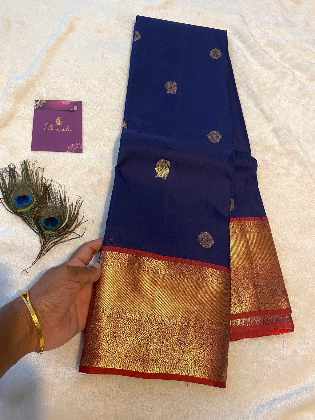 Royal Blue Semi-Kanchipuram Silk Saree with Maroon Pallu & Antique Gold Zari Border