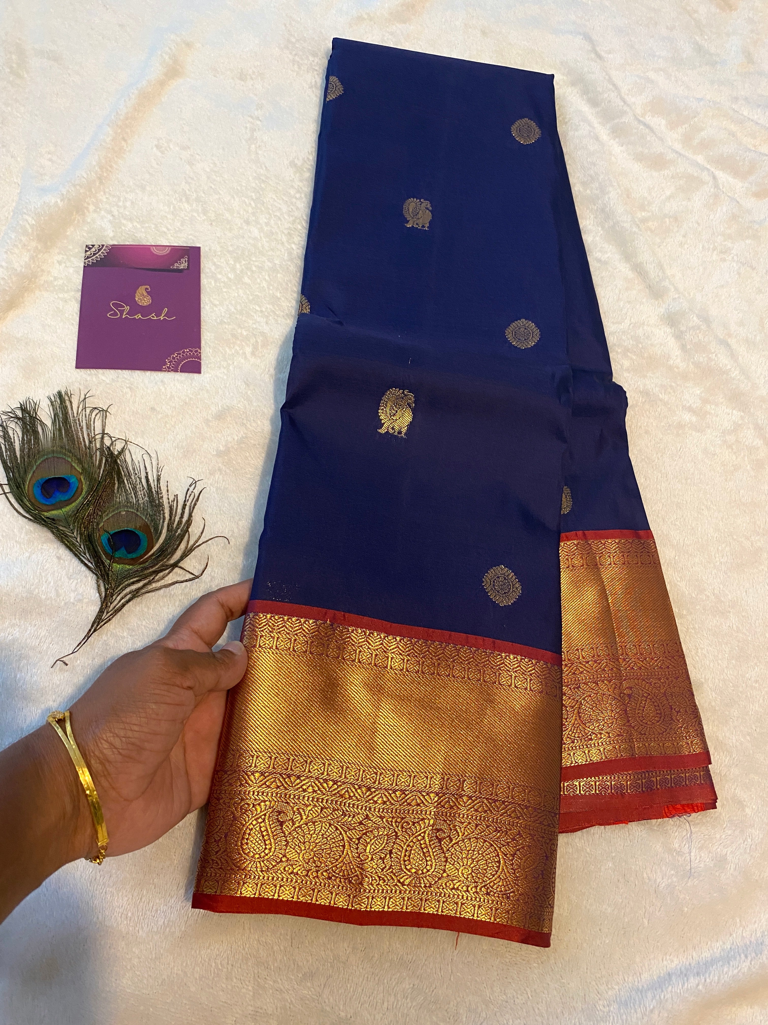 Royal Blue Semi-Kanchipuram Silk Saree with Maroon Pallu & Antique Gold Zari Border