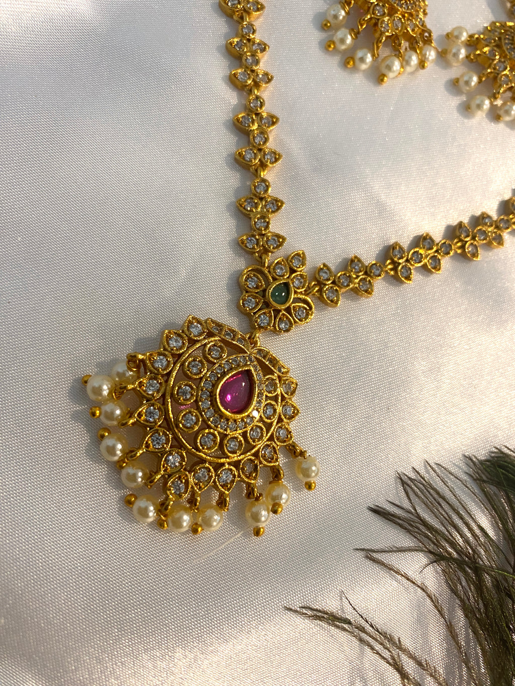 Floral Pearl Drop Necklace Set | Antique Gold Finish