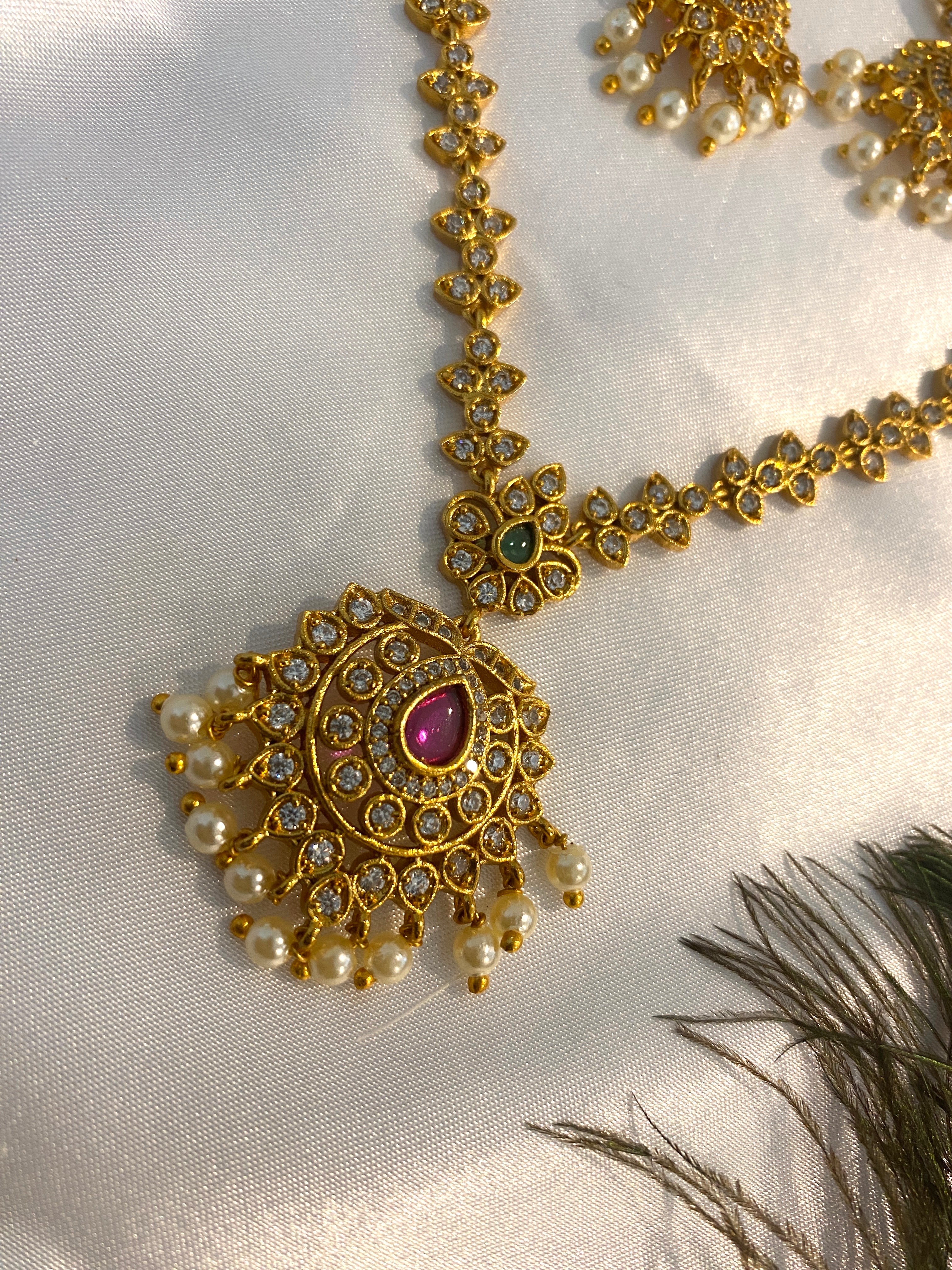 Floral Pearl Drop Necklace Set | Antique Gold Finish