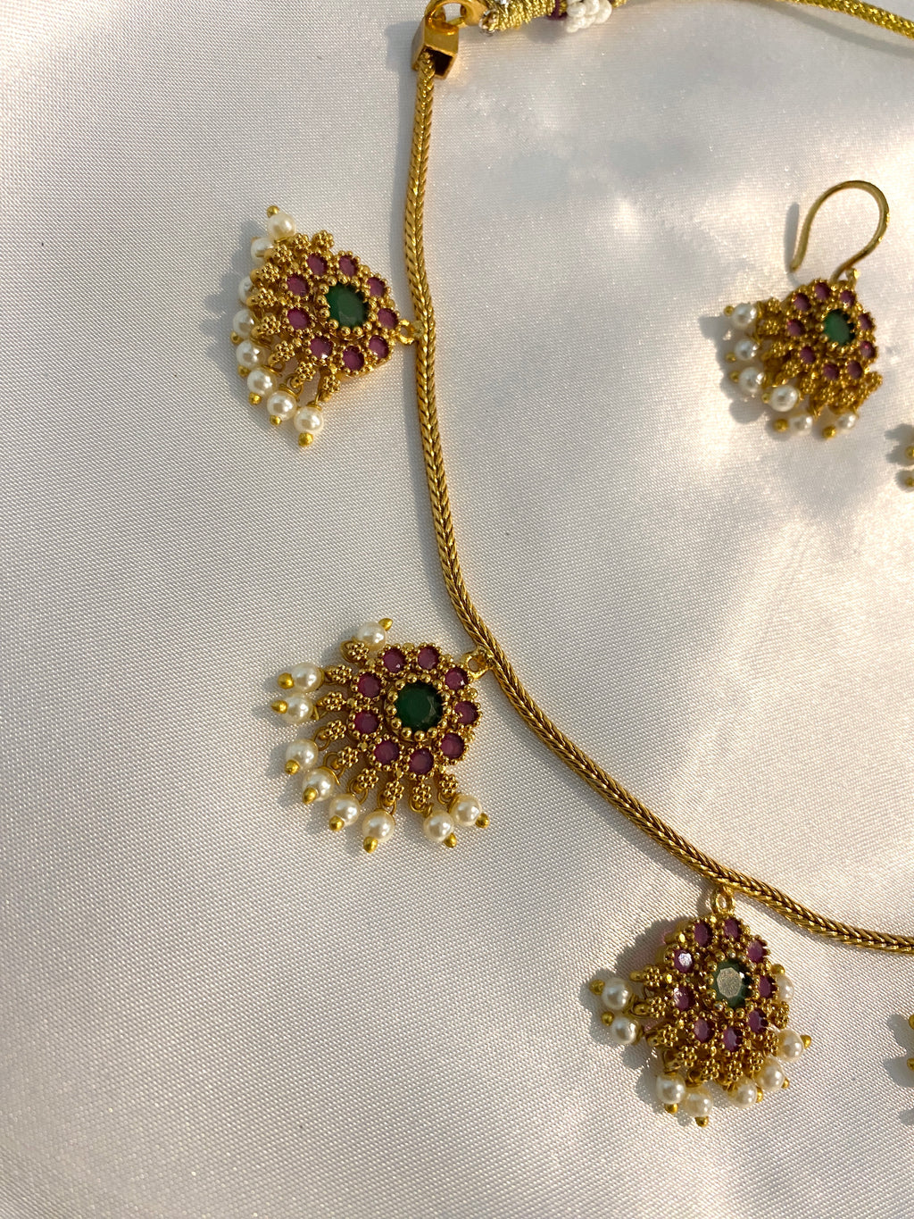 Traditional Green & Pink Stone Pearl Necklace Set with Earrings