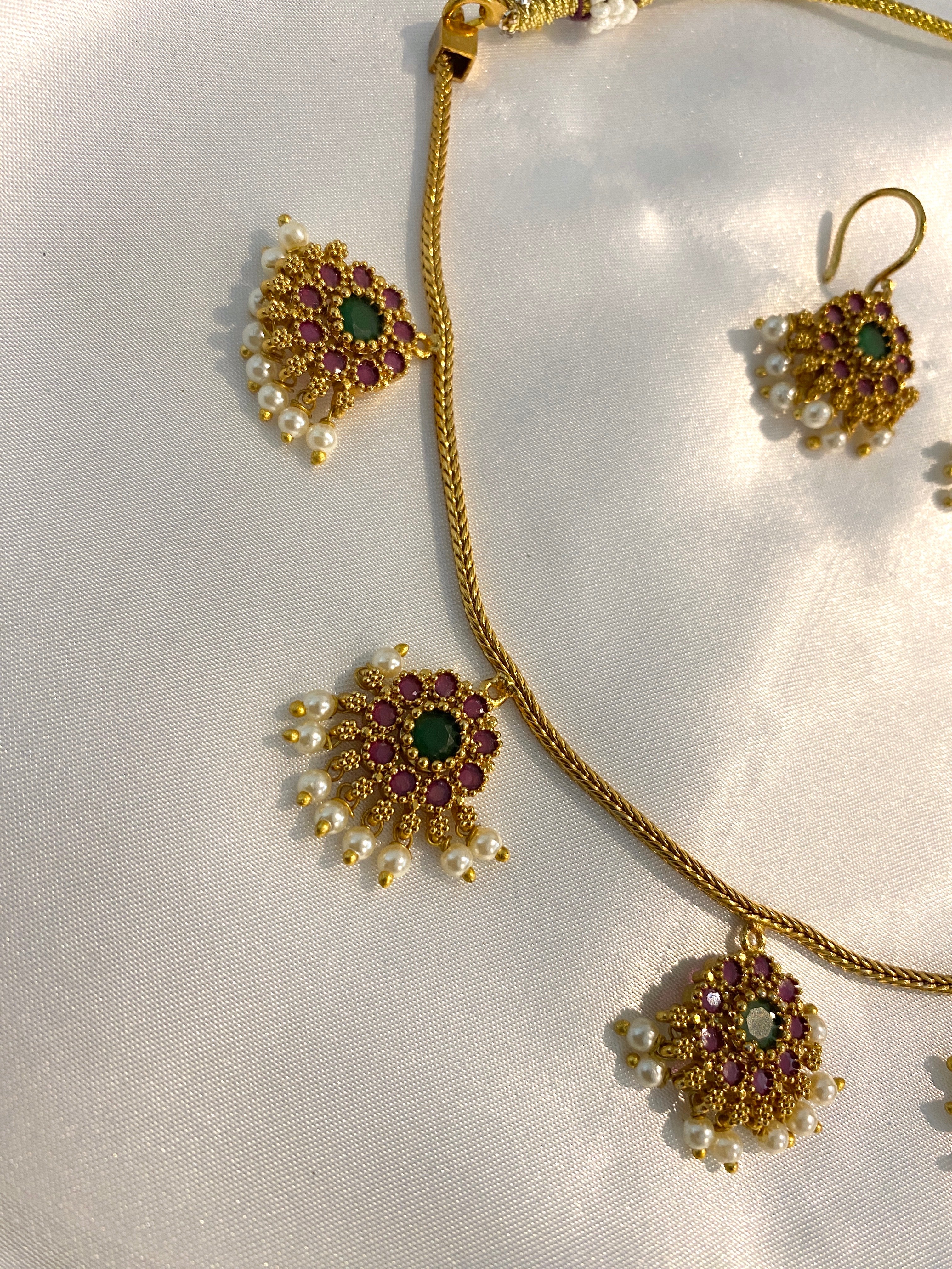 Traditional Green & Pink Stone Pearl Necklace Set with Earrings