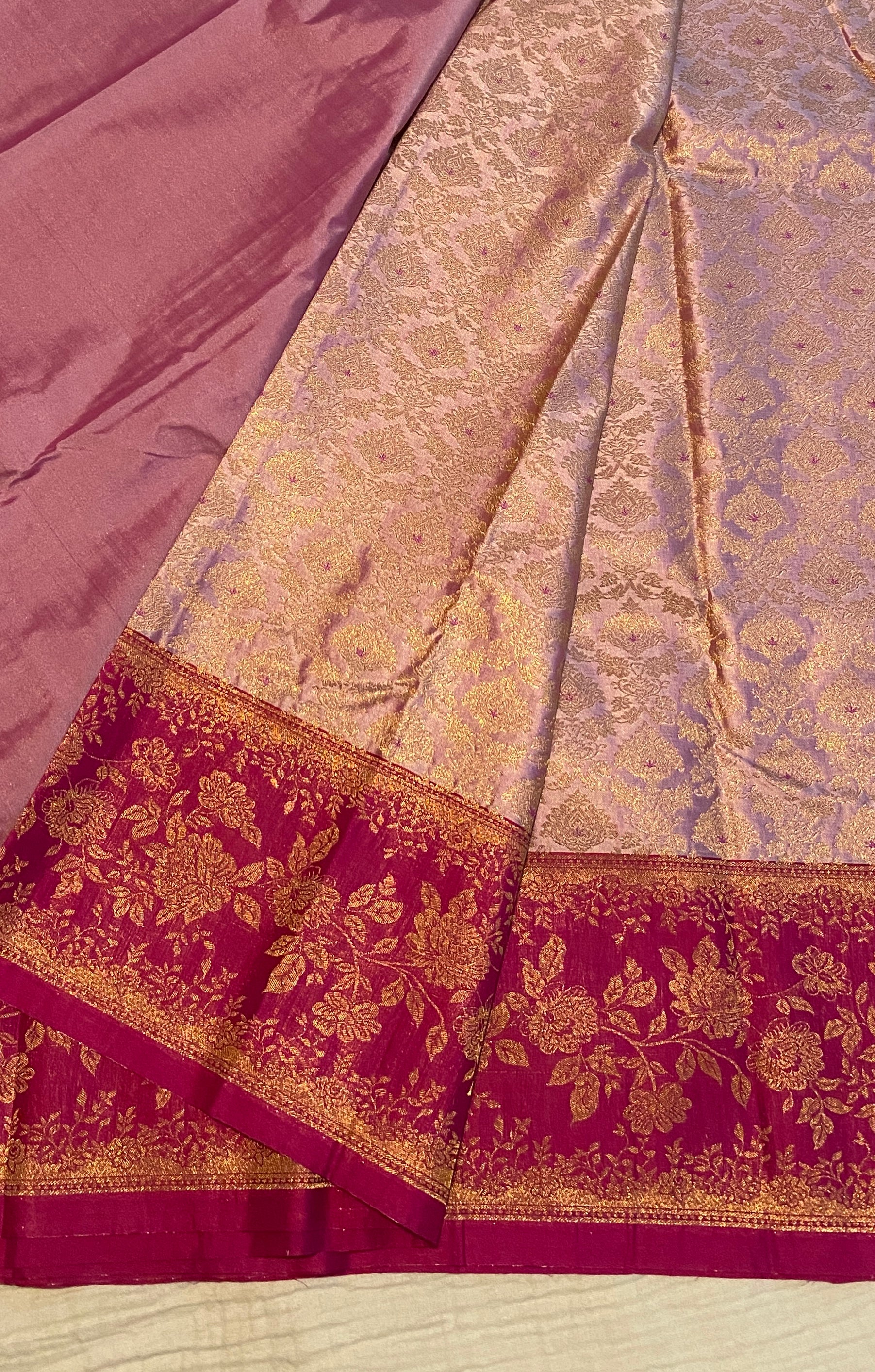 Blush Pink Premium Semi-Kanchipuram Silk Saree with Magenta Pink Floral Gold Zari Border & Pallu