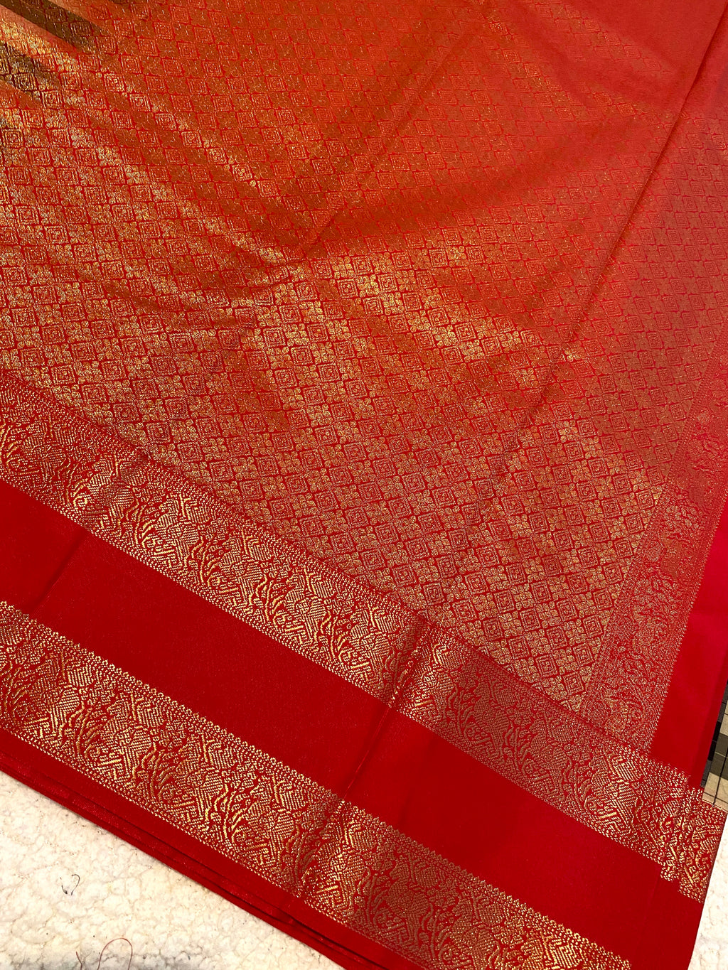 Semi-Kanchipuram Silk Saree with Checked Body, Rich Red Pallu & Gold Zari Border